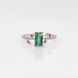 14K white gold indicolite tourmaline ring with pink sapphire accents
