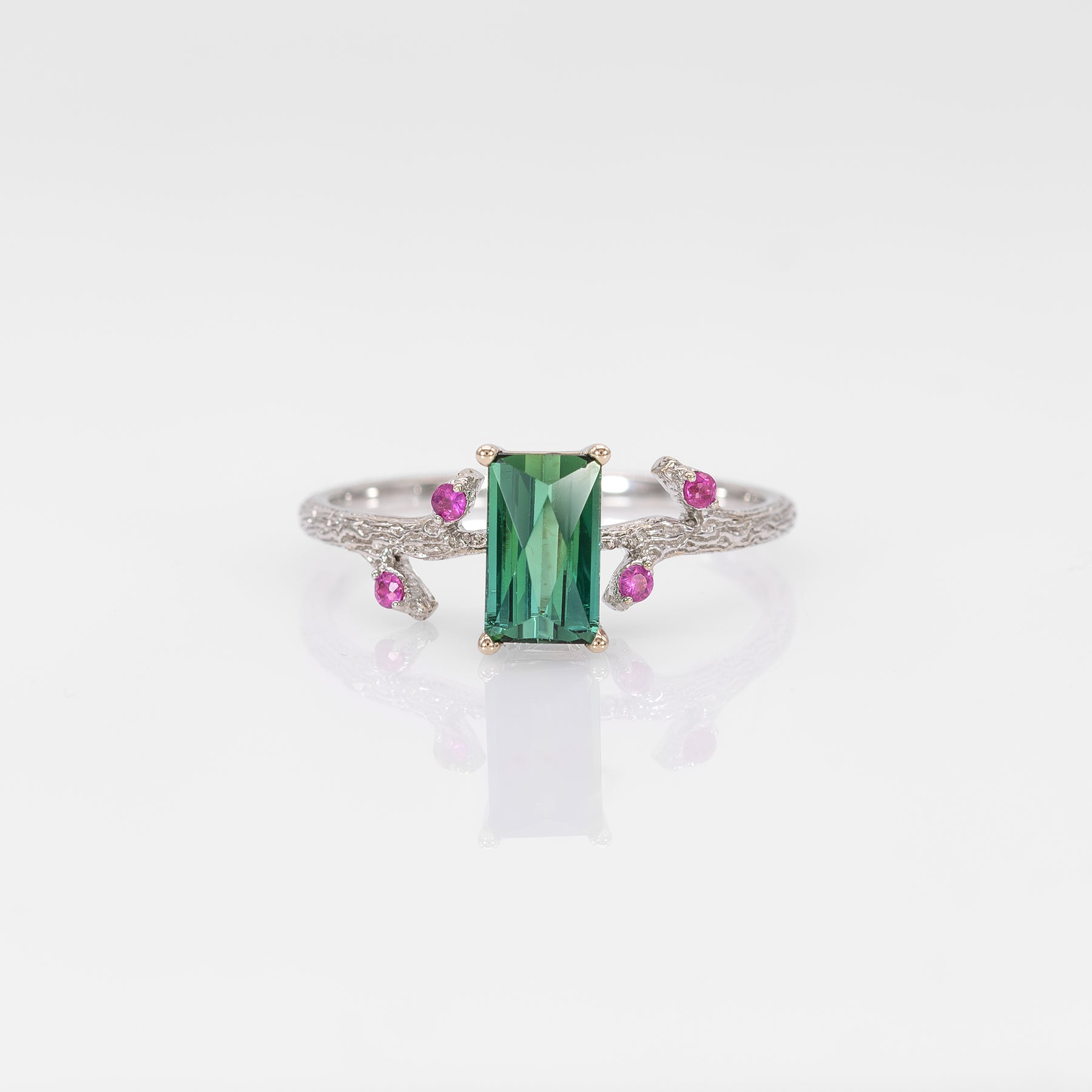 14K white gold indicolite tourmaline ring with pink sapphire accents