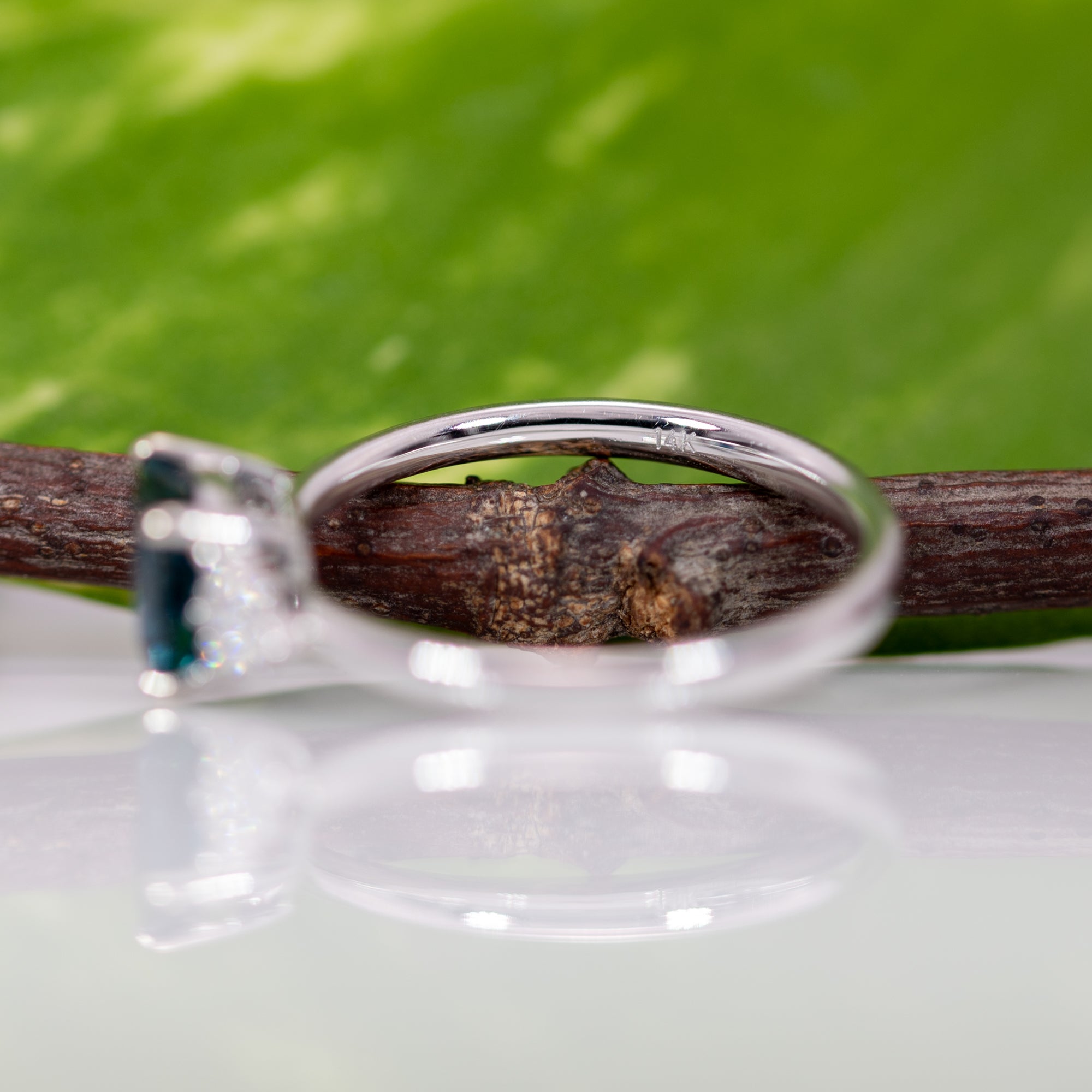 14K white gold indicolite tourmaline ring with diamond accents