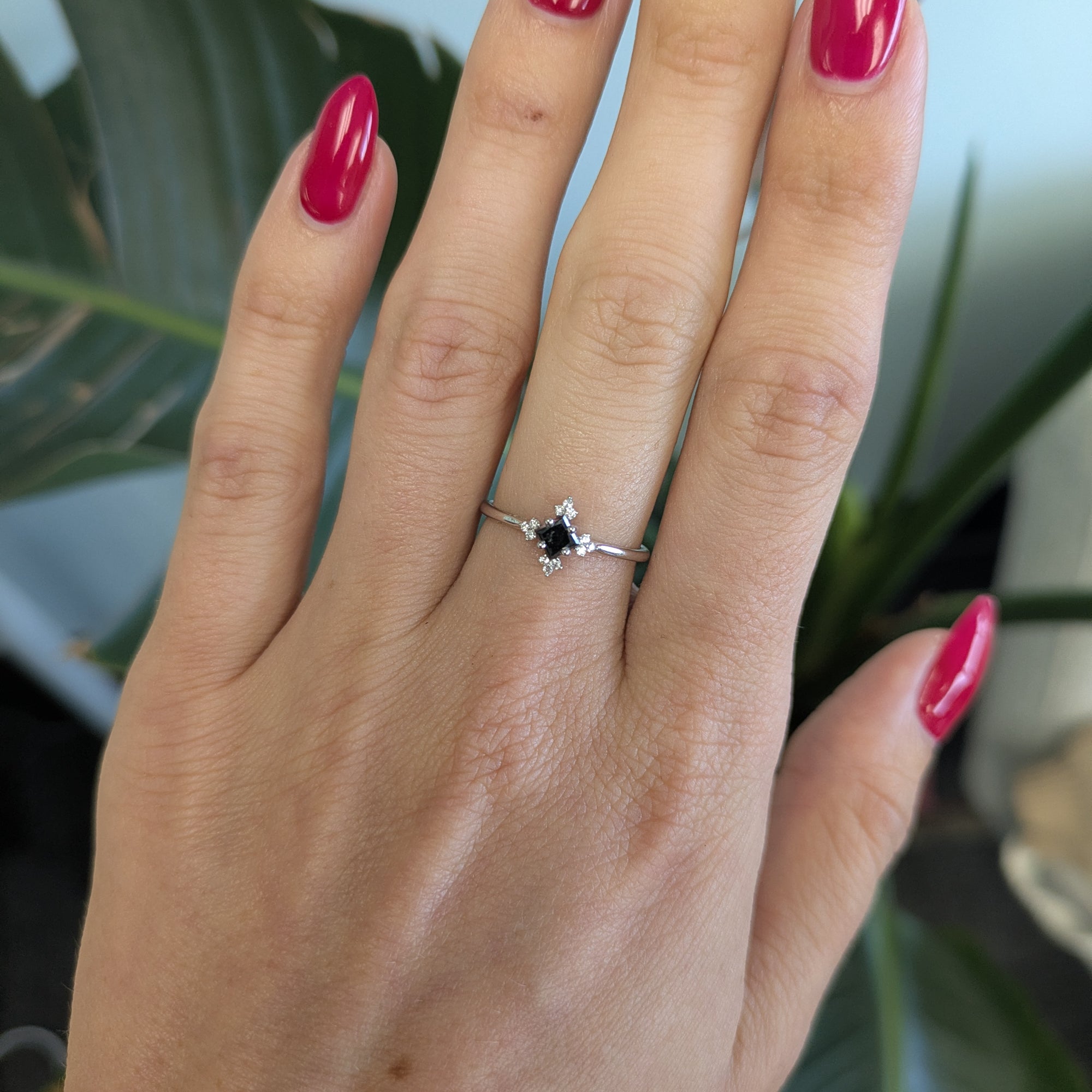 14K white gold black diamond ring with diamond accents