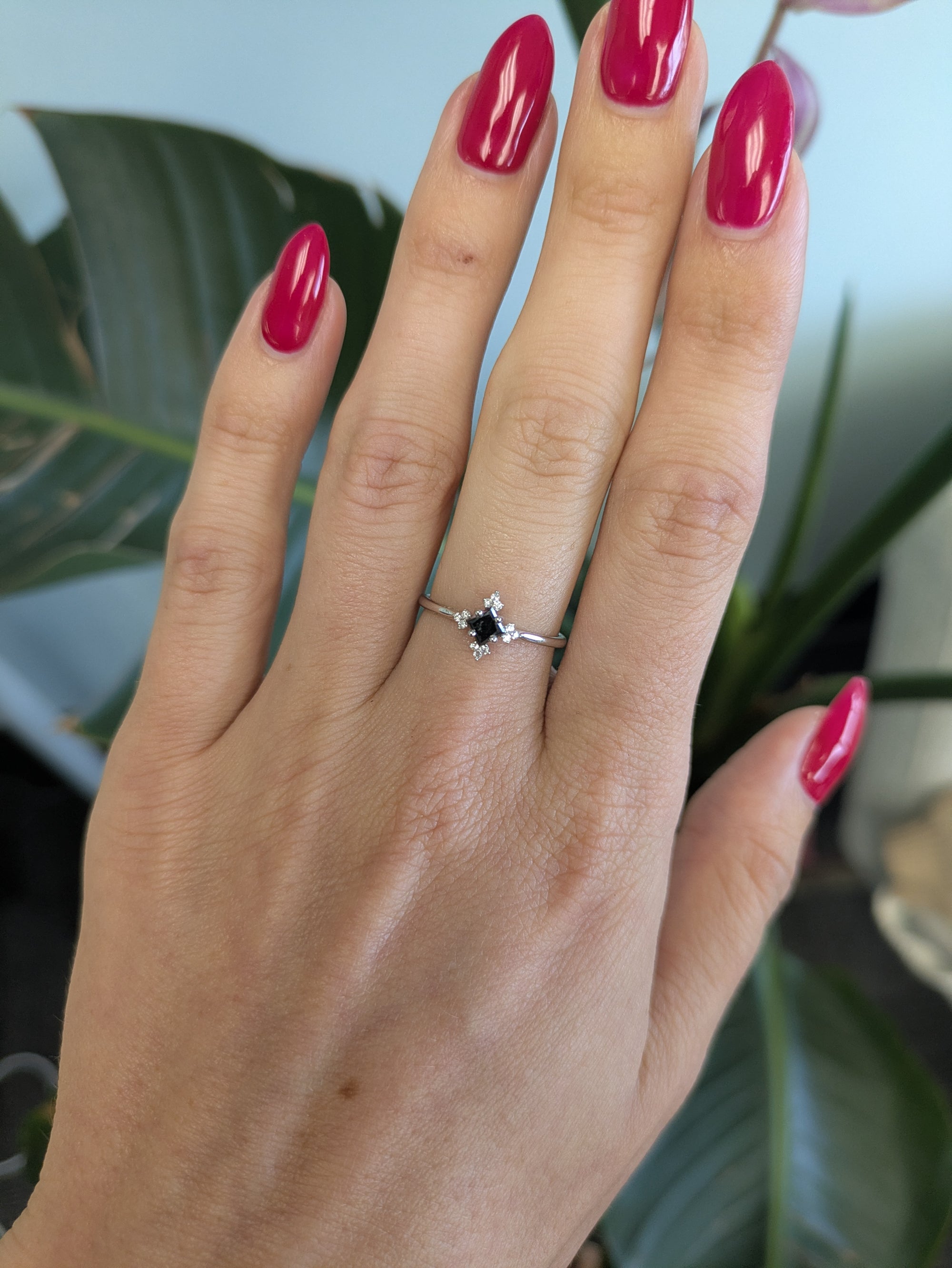 14K white gold black diamond ring with diamond accents