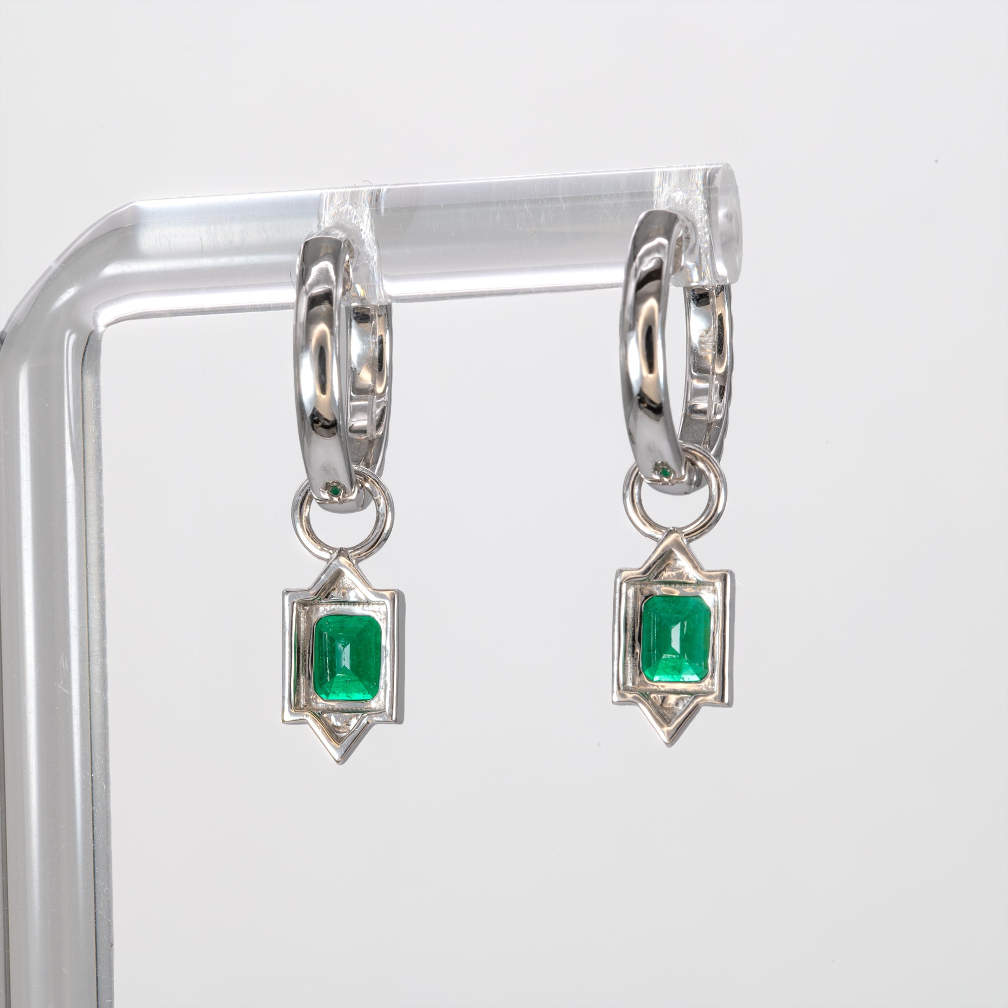 14K white gold convertible Colombian emerald hoop and drop earrings