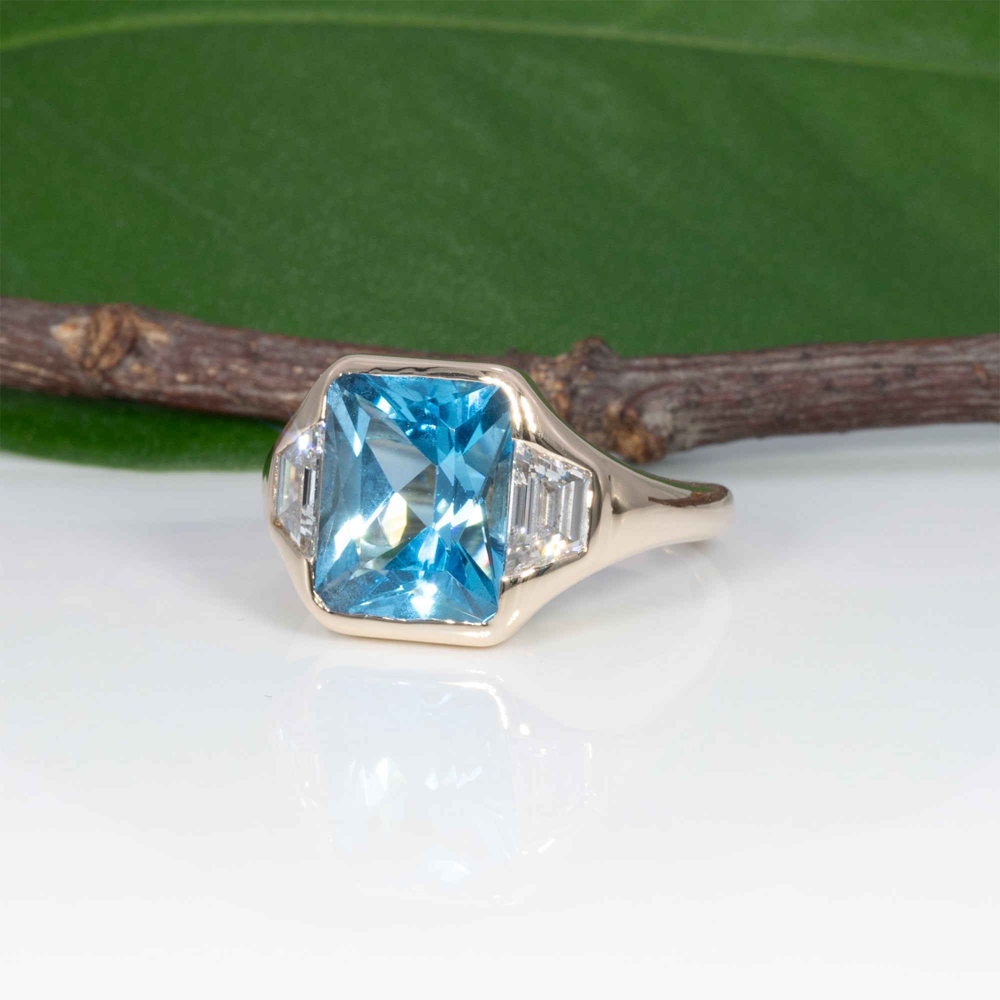 14K yellow gold London blue topaz ring with lab diamond accents