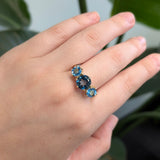 Aveline 14k Solid Gold London Blue Topaz Ring, Three Stone Setting | Round 8mm