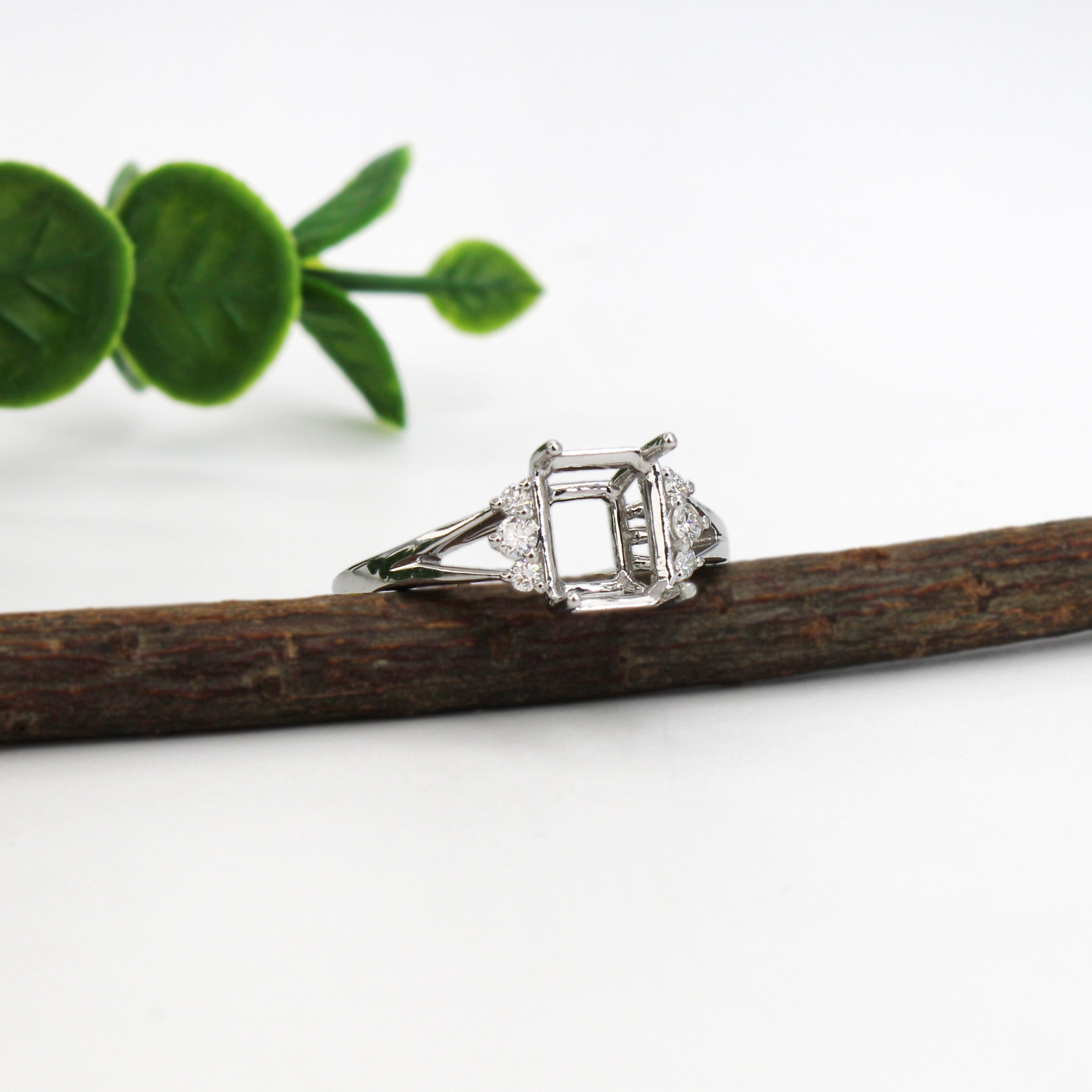 14k Gold Emerald Cut Diamond Semi Mount Engagement Ring