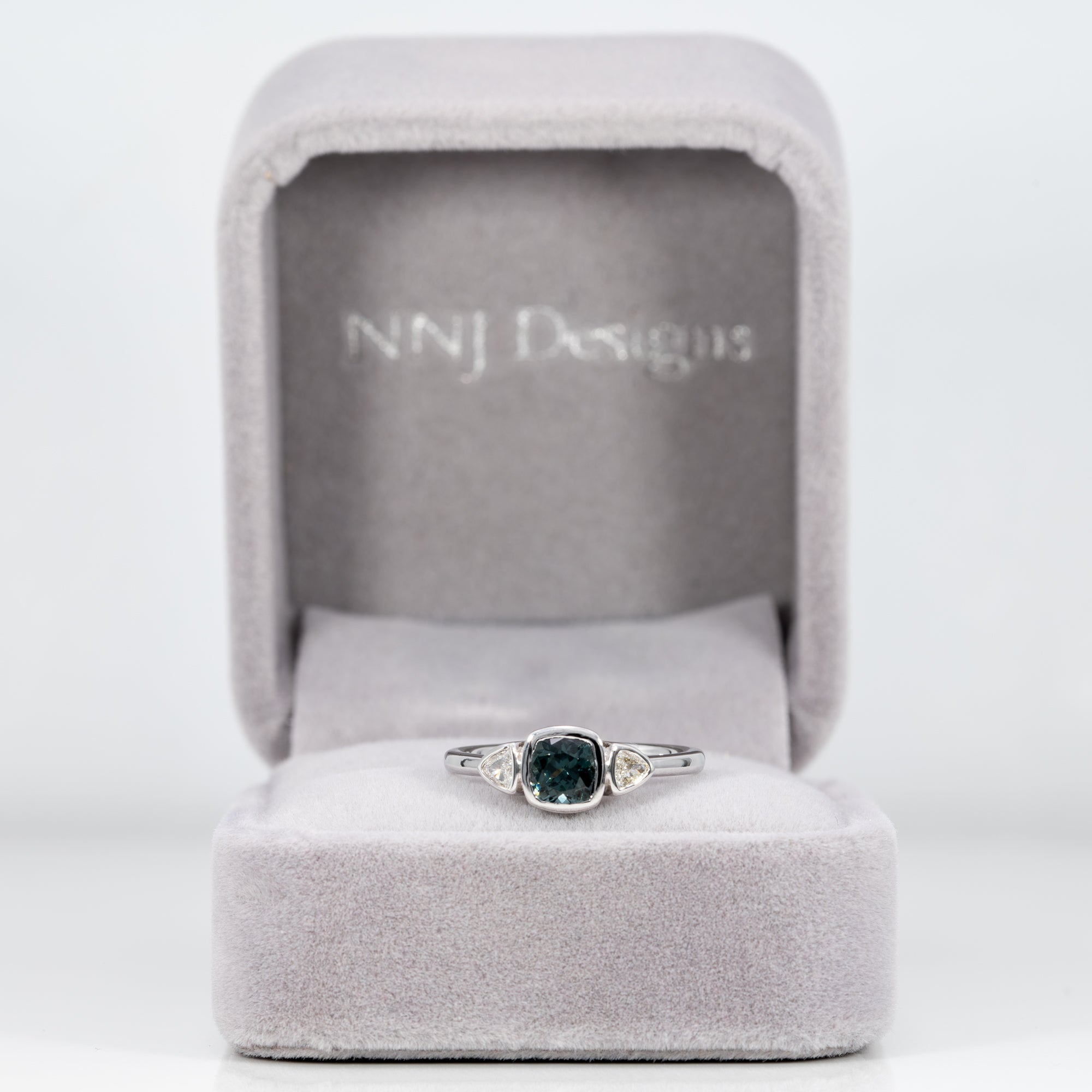 14K white gold blue spinel ring with diamond accents