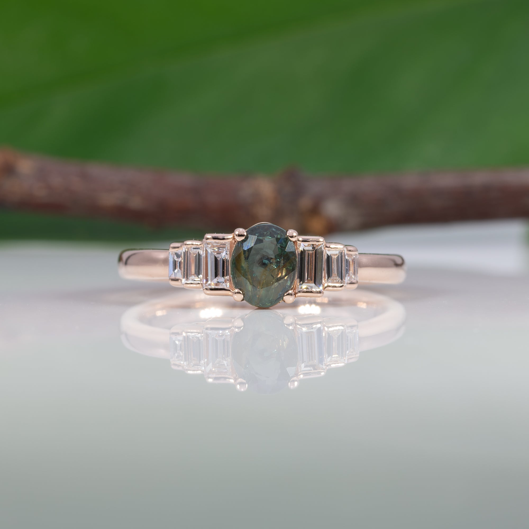14K rose gold alexandrite ring with diamond accents