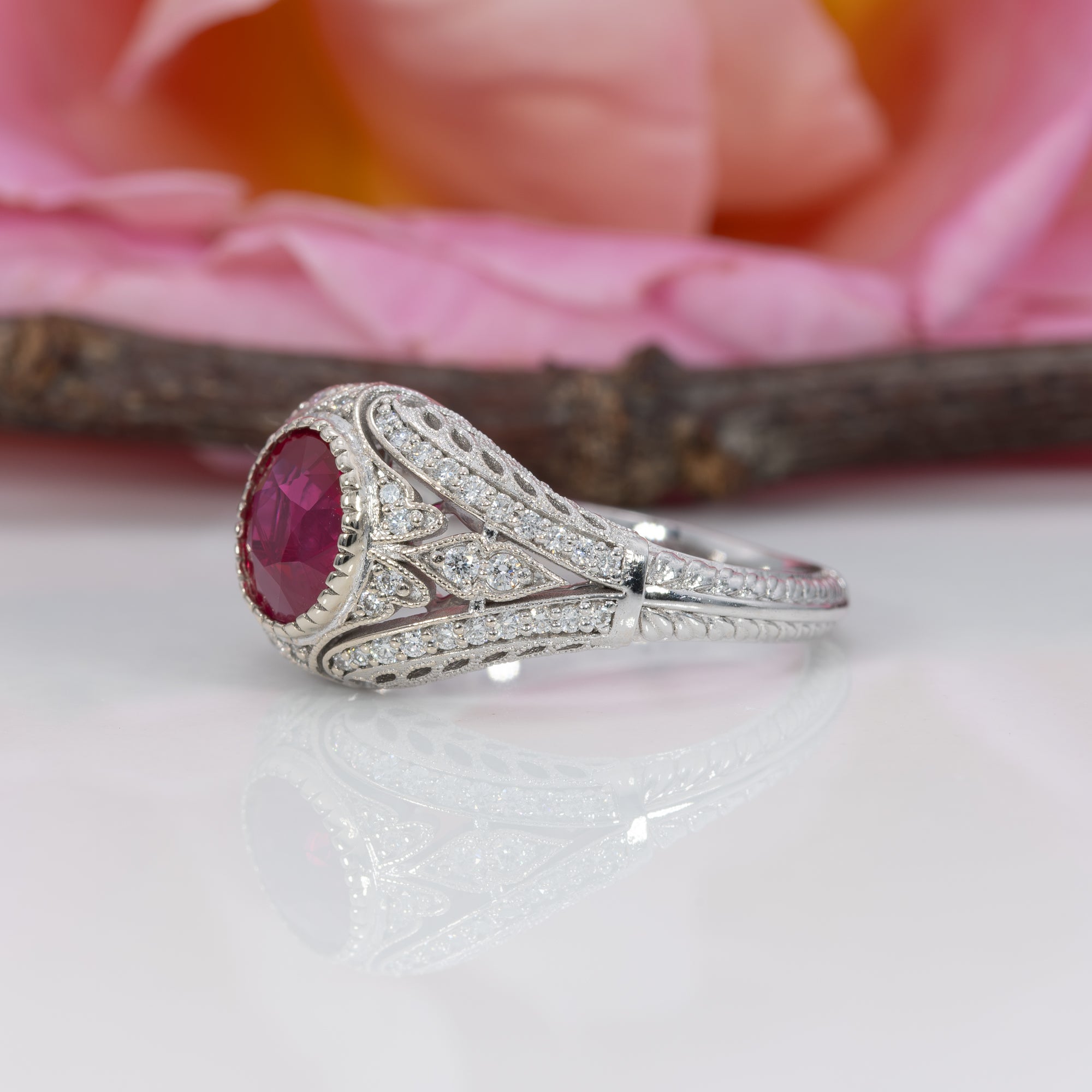 14K white gold burma ruby ring