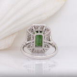 3.2ct Chrome Tourmaline Ring w Earth Mined Diamonds in Solid 14K White Gold | Emerald cut 11x6.5mm