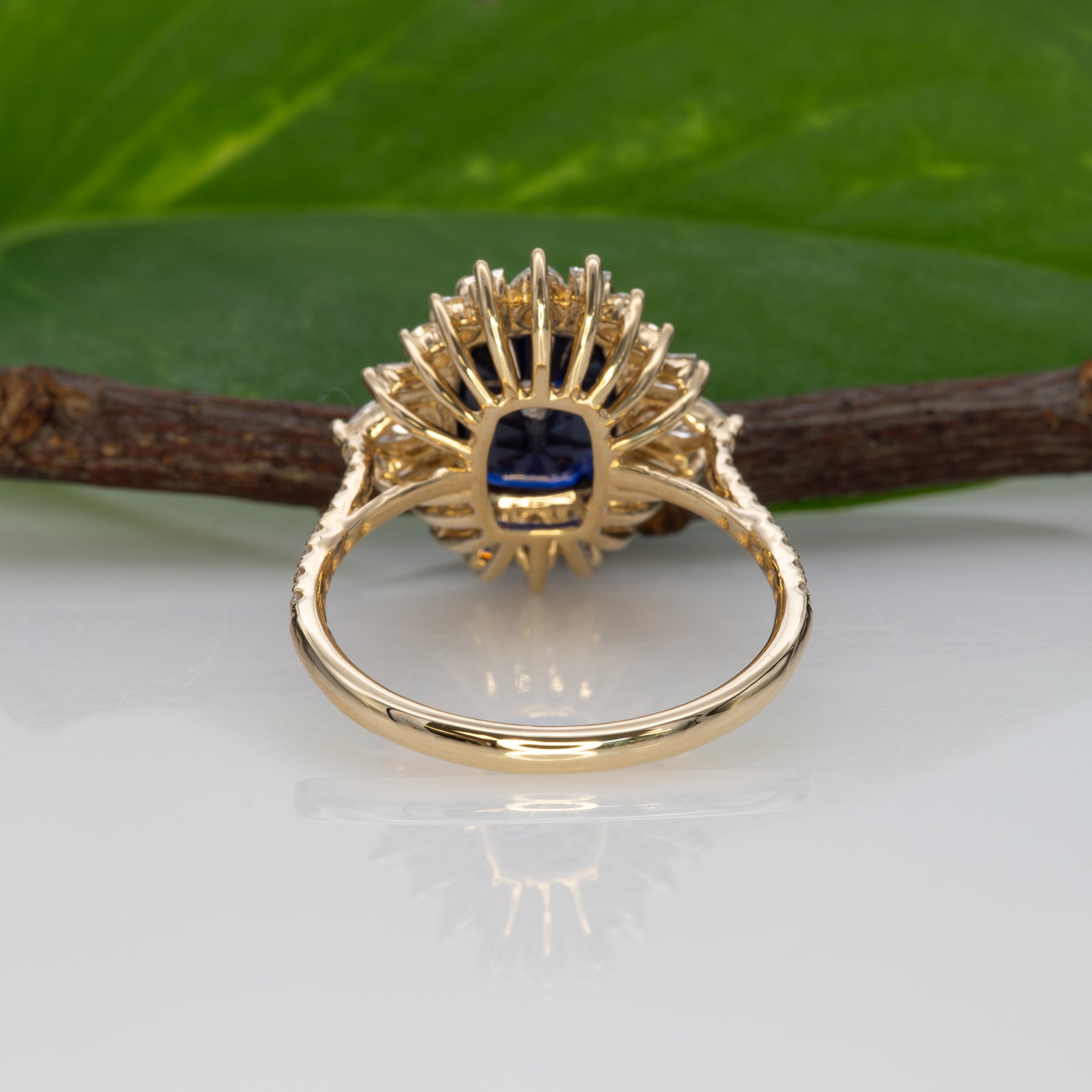 14K yellow gold GIA Ceylon sapphire cushion ring with diamond halo
