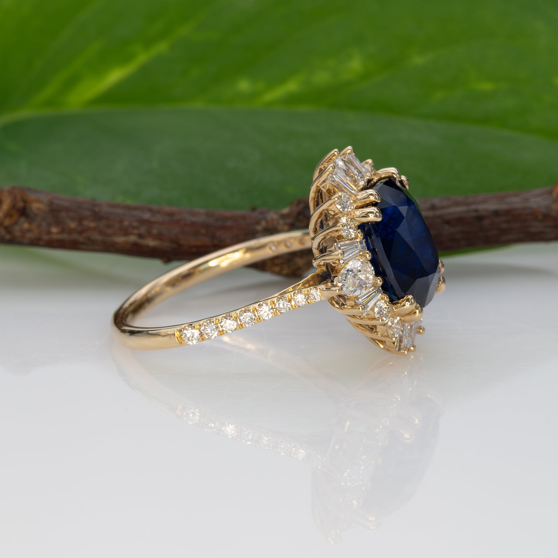 14K yellow gold GIA Ceylon sapphire cushion ring with diamond halo