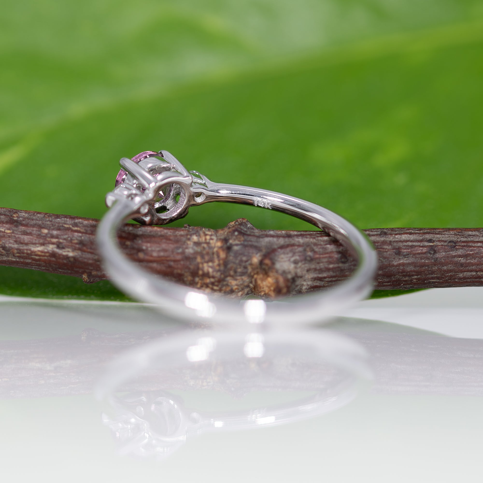 14K white gold minimal purple spinel ring with diamond accents