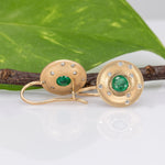 14K yellow gold matte Zambian emerald stud earrings with diamond accents