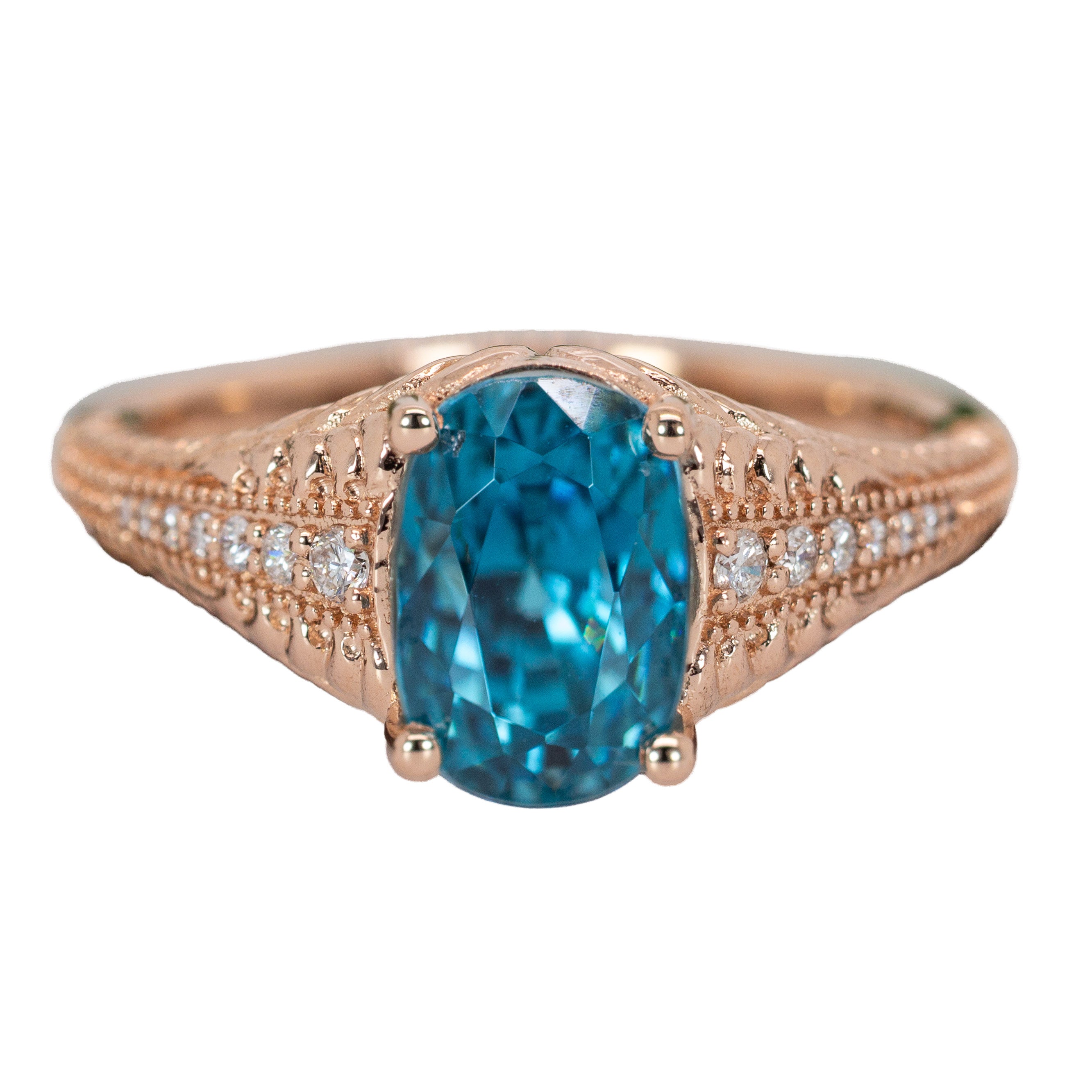 Indu 14K Rose Gold 4.73cts Blue Zircon Diamond Ring | Oval 9x7mm