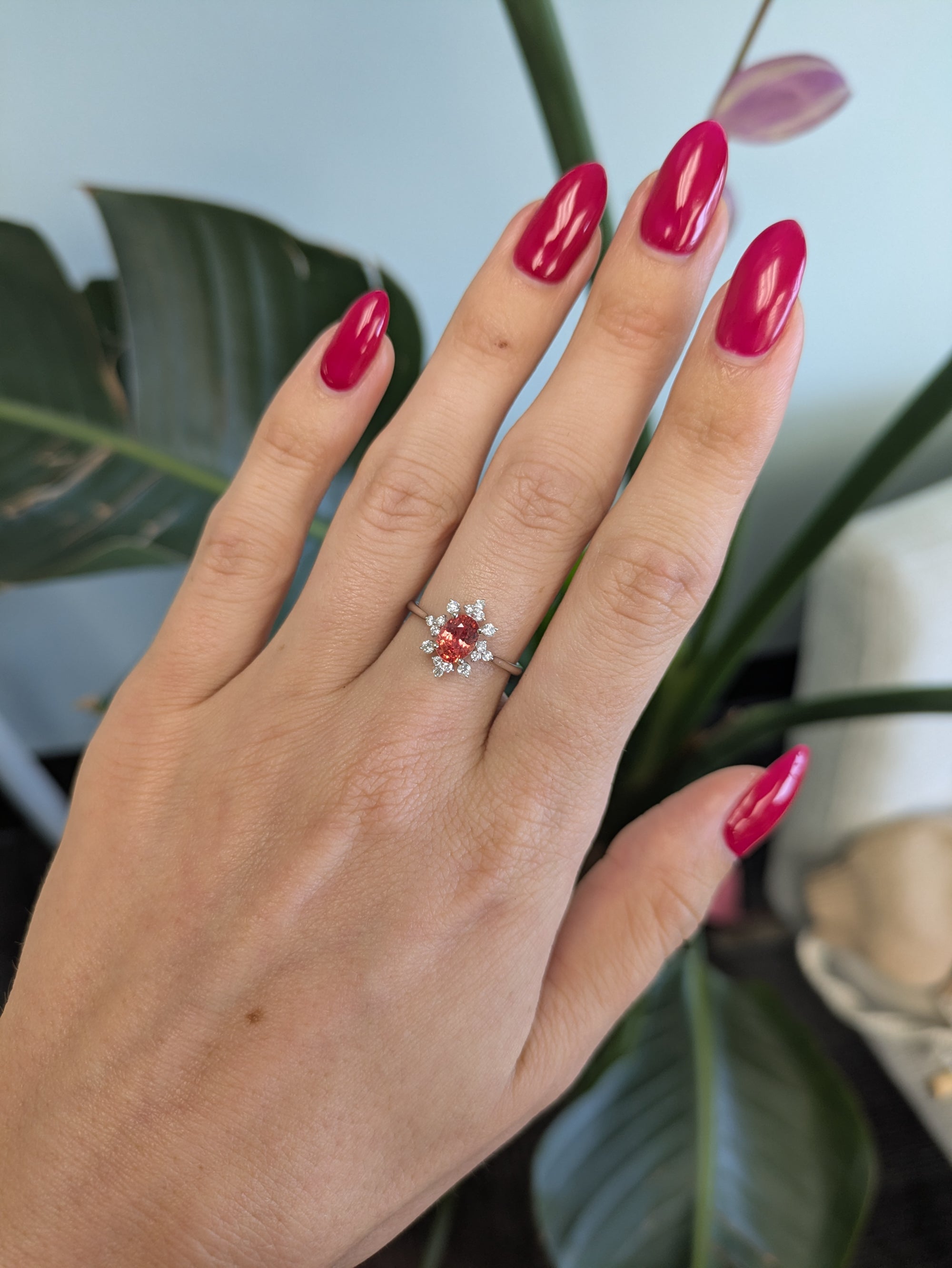 14K white gold padparadscha sapphire ring with diamond accents