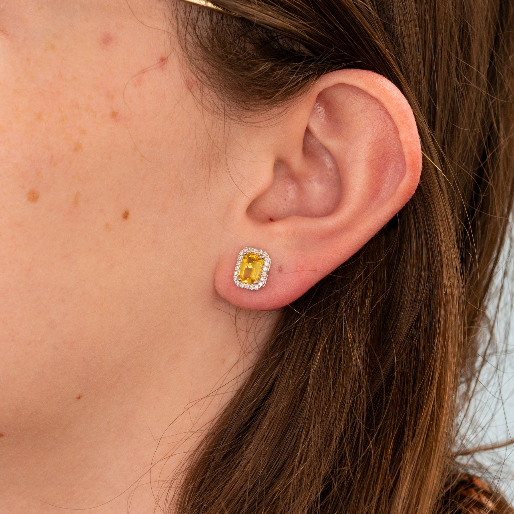 14K white gold yellow sapphire stud earrings with diamond halo
