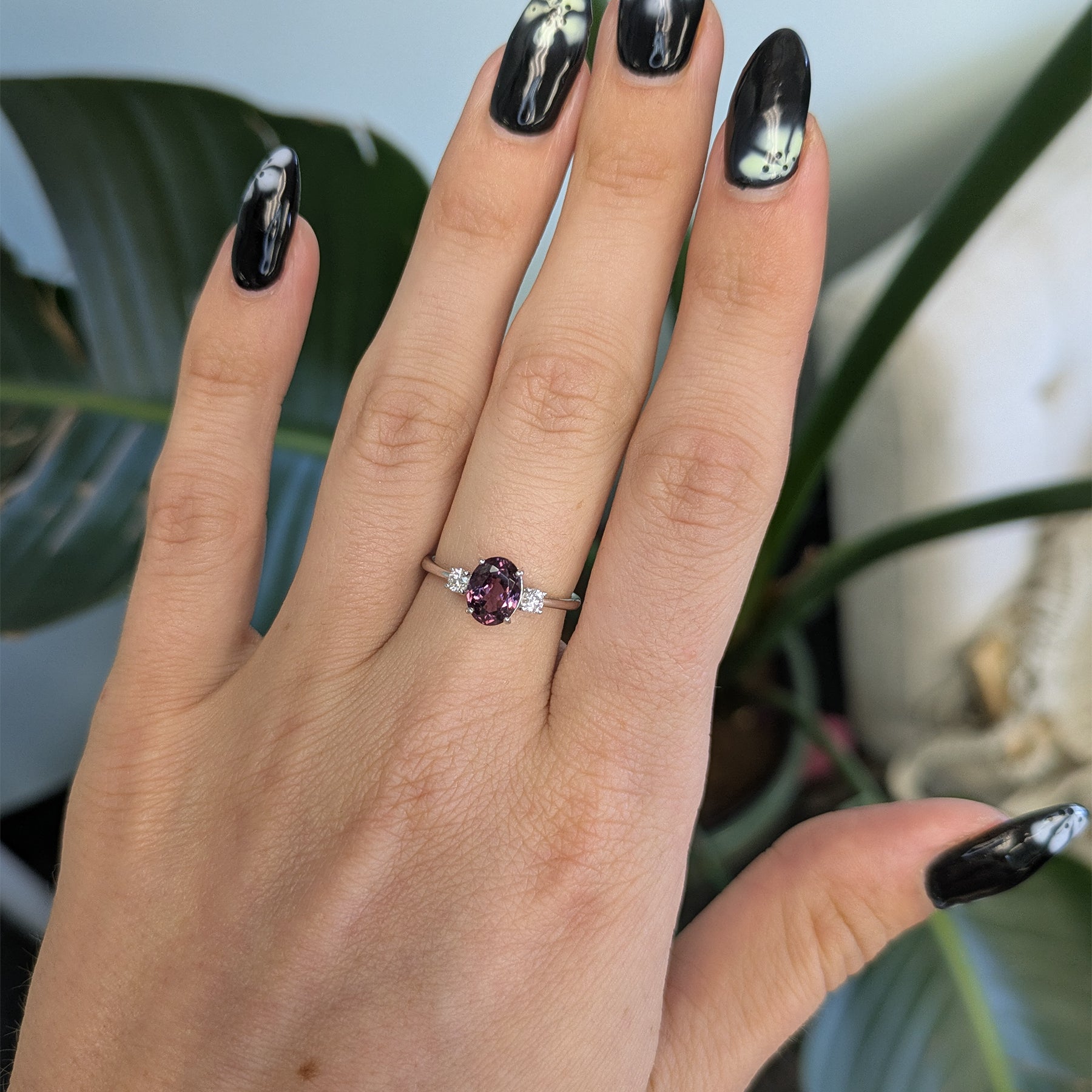 14K white gold purple spinel ring with diamond accents