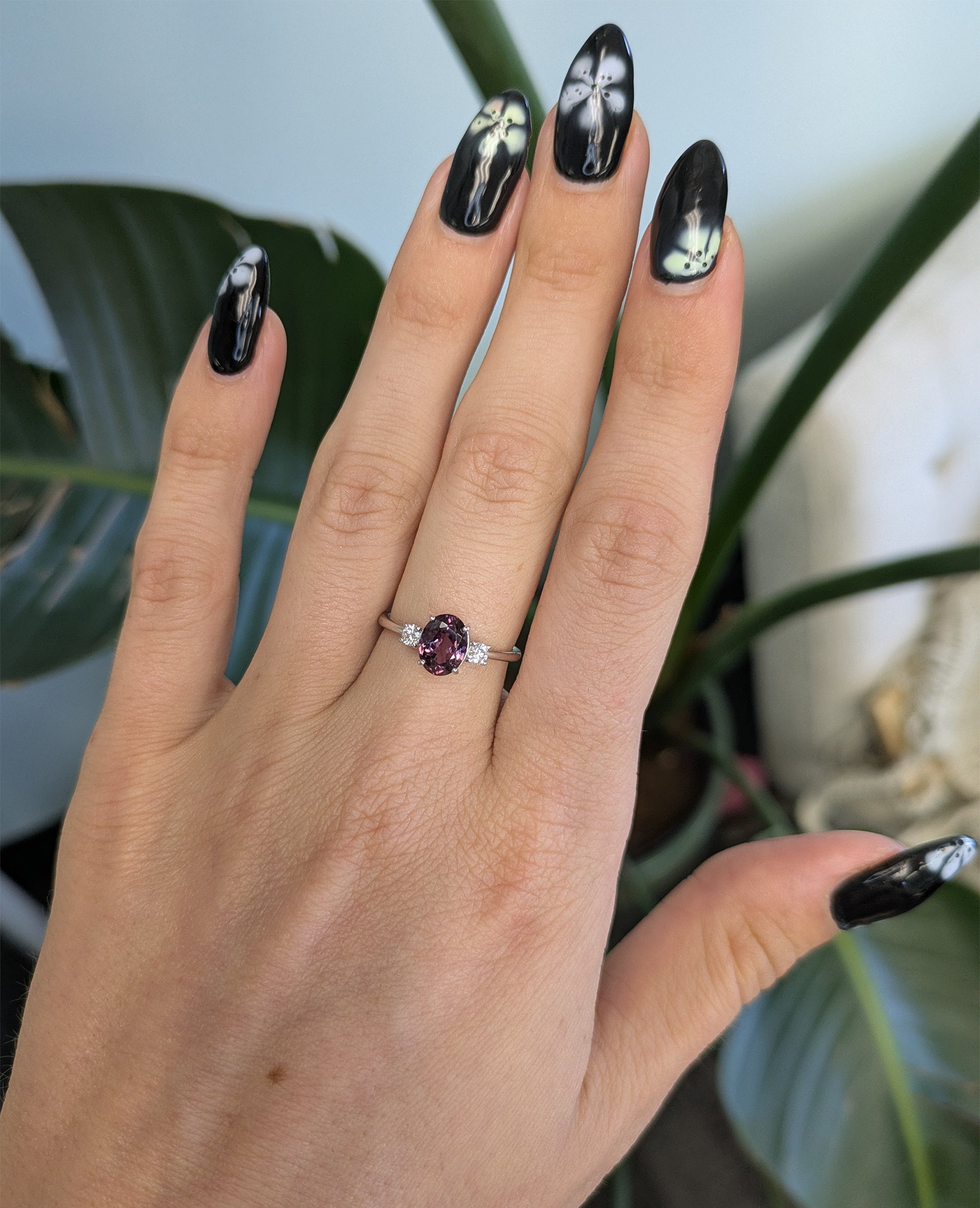 14K white gold purple spinel ring with diamond accents