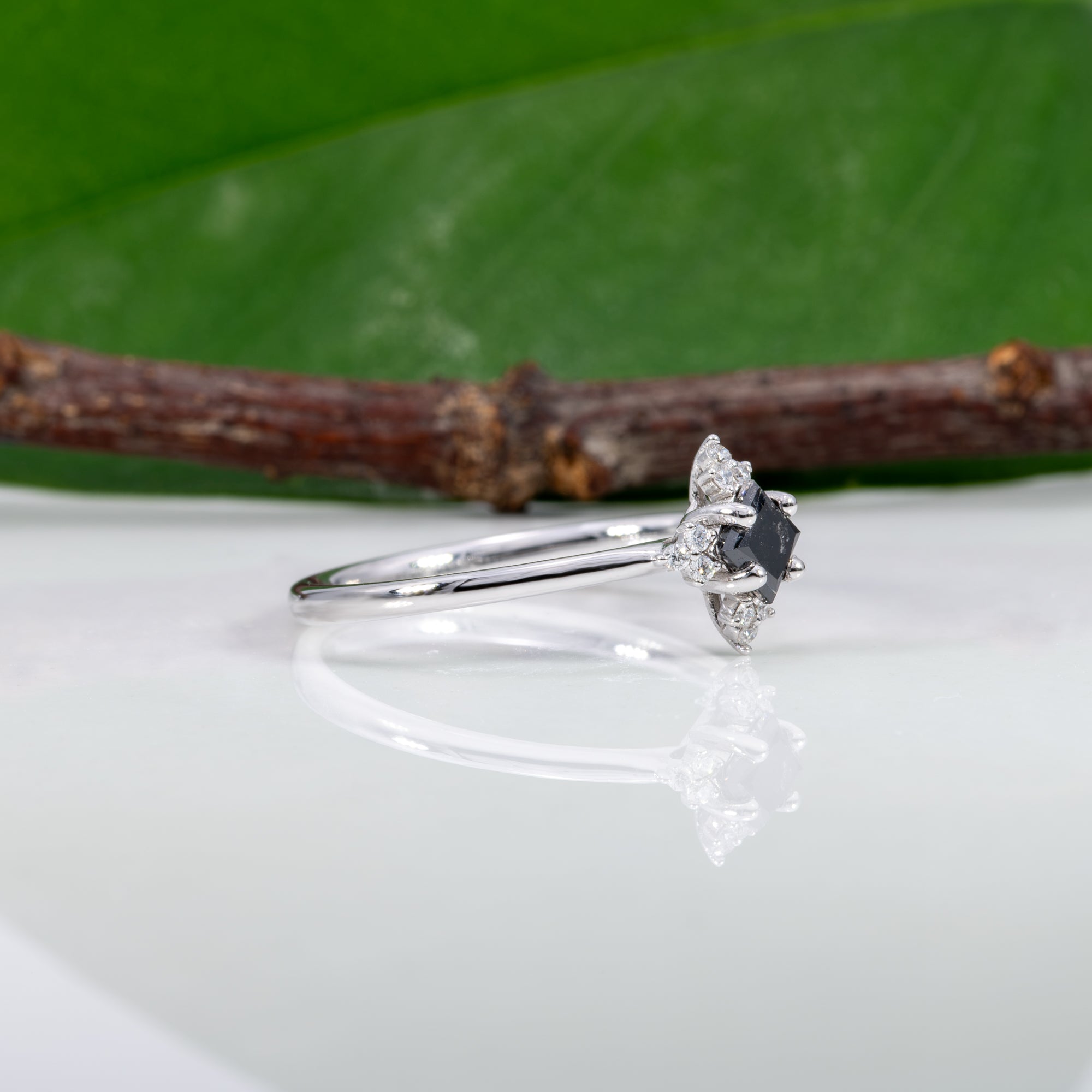 14K white gold black diamond ring with diamond accents
