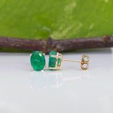 Zambian Emerald Solitaire Stud Earrings – Oval 7x5mm – Solid 14K Gold (Yellow, White or Rose)