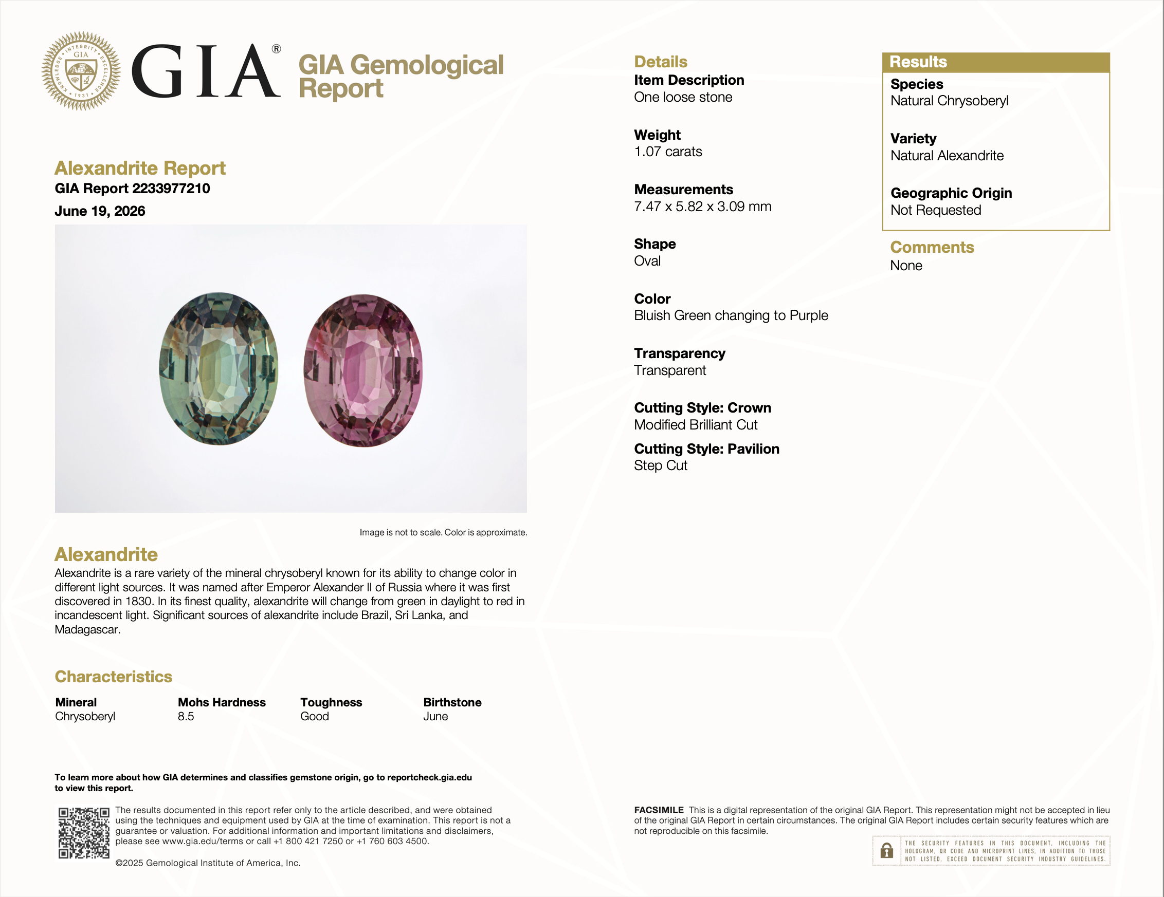 GIA report 2233977210 for 1.07 carat natural untreated color-change alexandrite