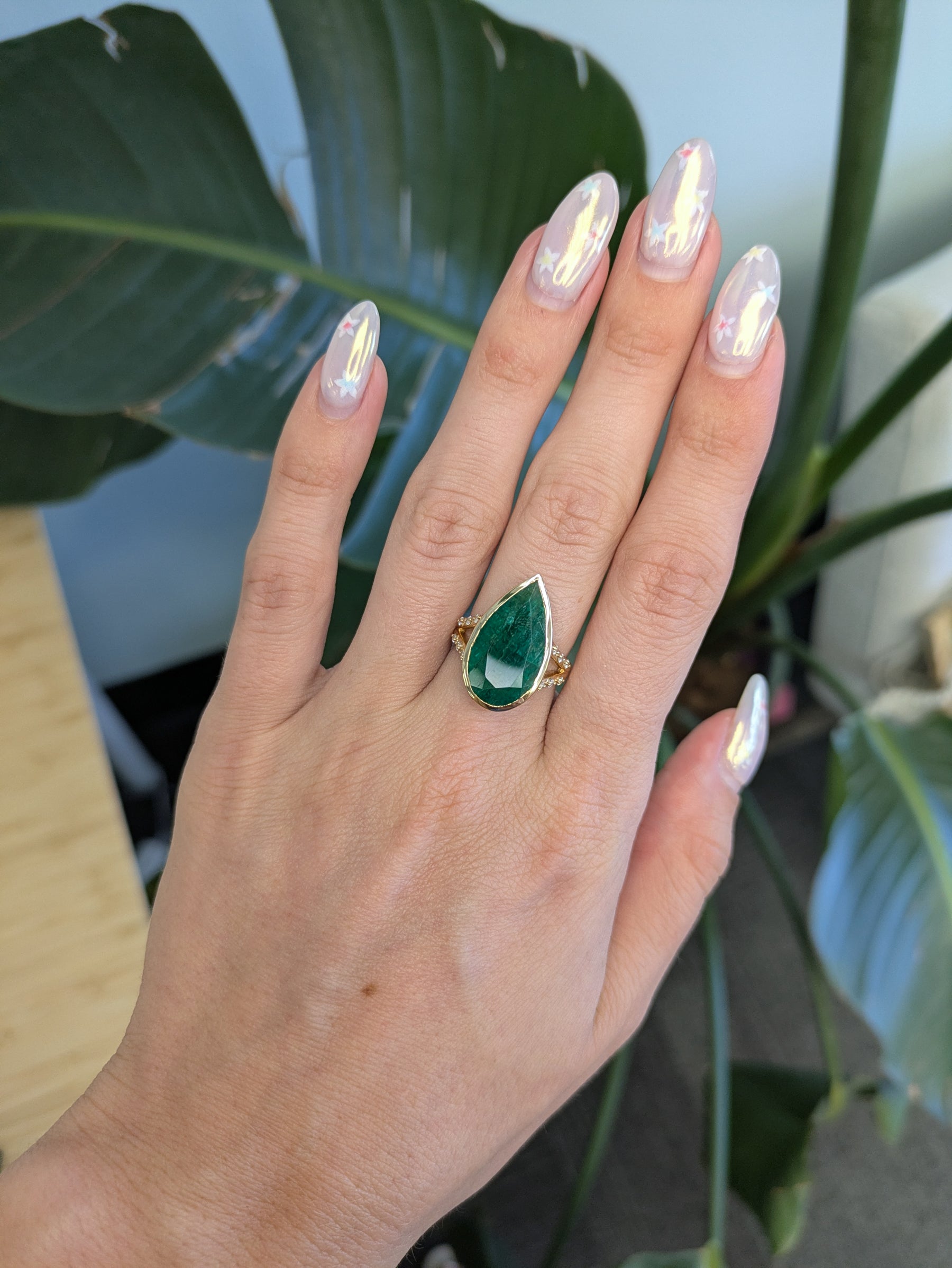 14K yellow gold Zambian emerald pear ring with diamond accents