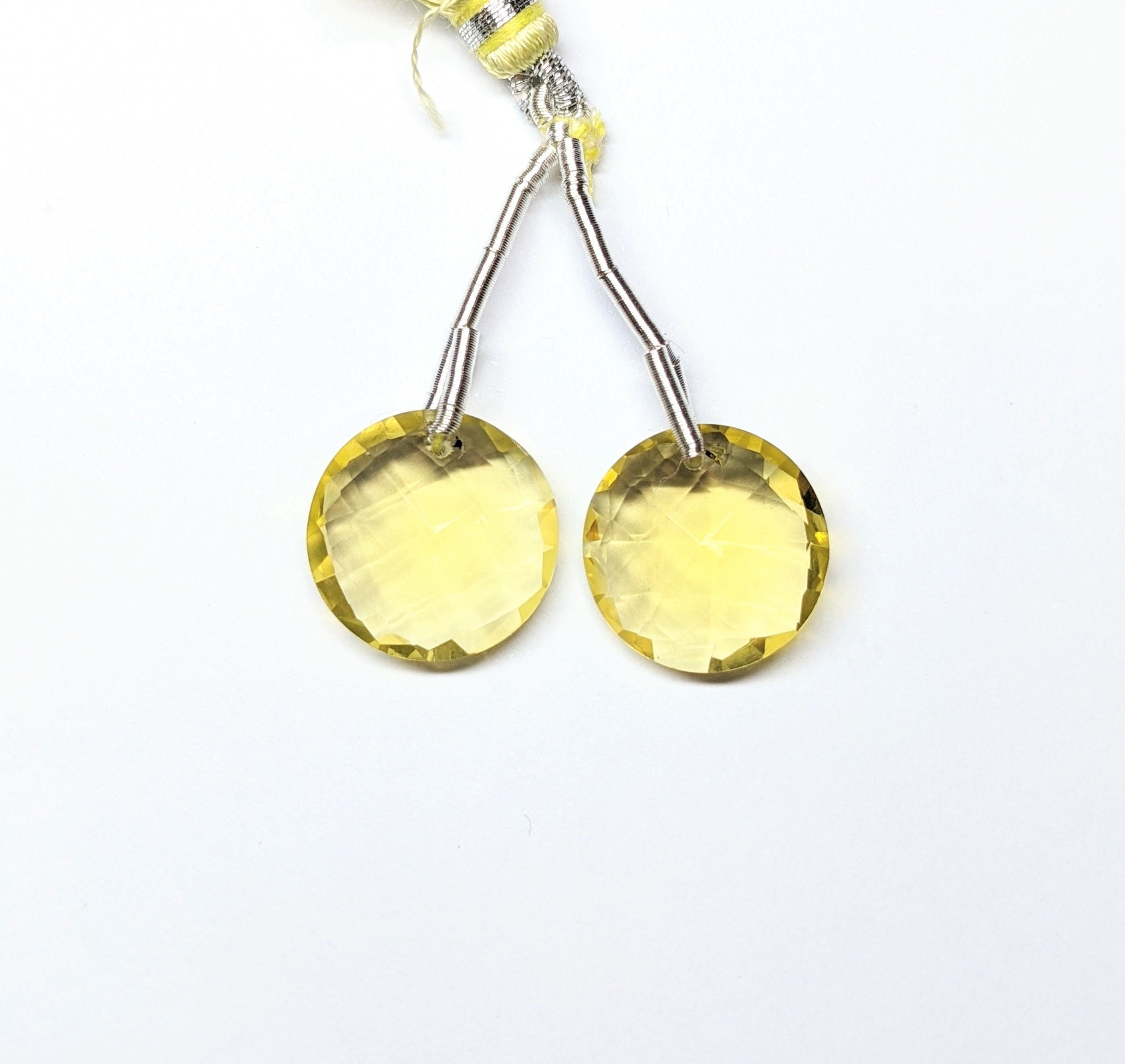 Lemon Quartz || Drilled Matching Pair || Circular Shape - Side Drilled || Beautiful Faceted Gem || 15x6mm