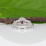 14K white gold pink sapphire pear ring with diamond halo