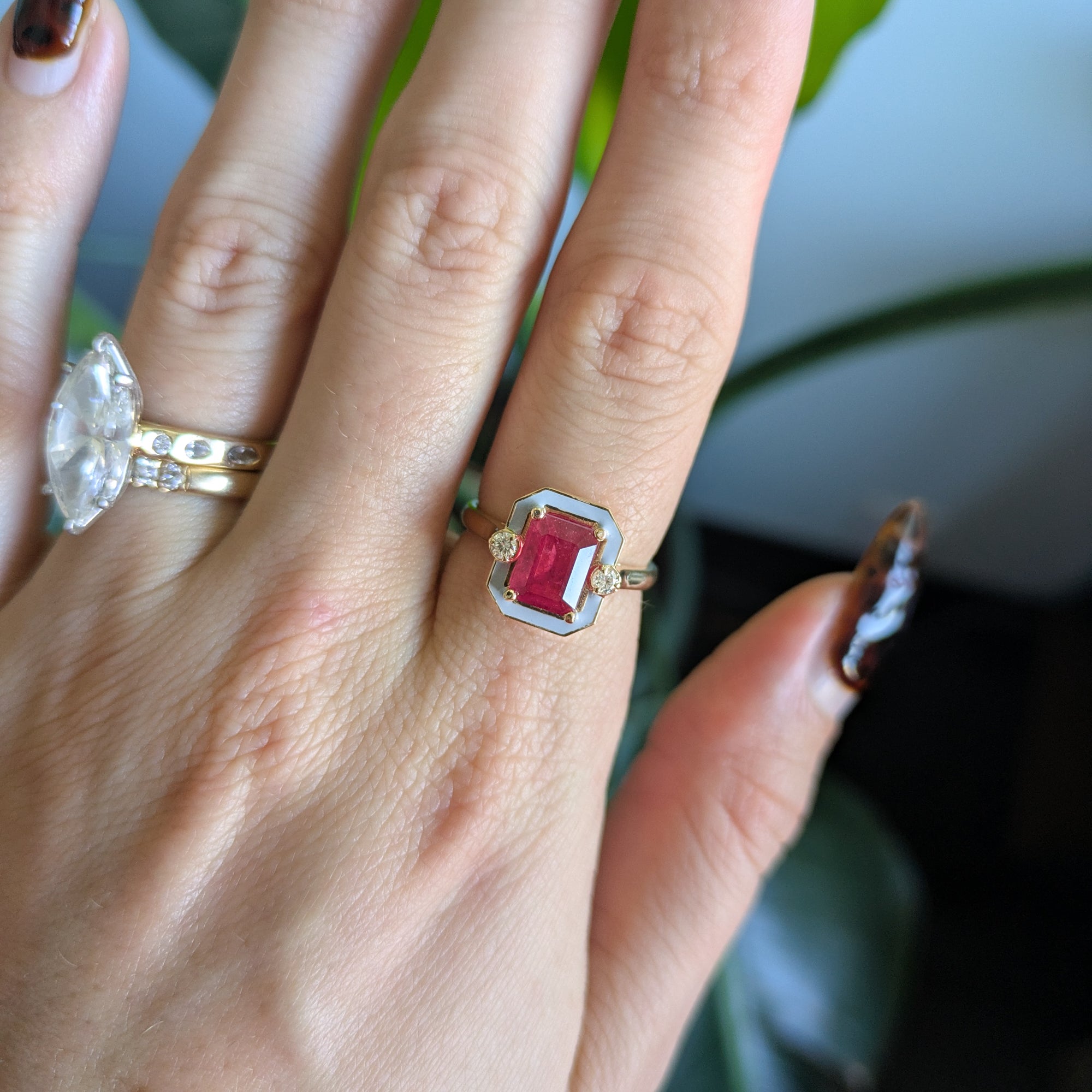 scarlet and gray ruby game day ring in 14K yellow gold