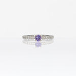 14K white gold purple sapphire round ring with diamond halo
