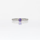 14K white gold purple sapphire round ring with diamond halo