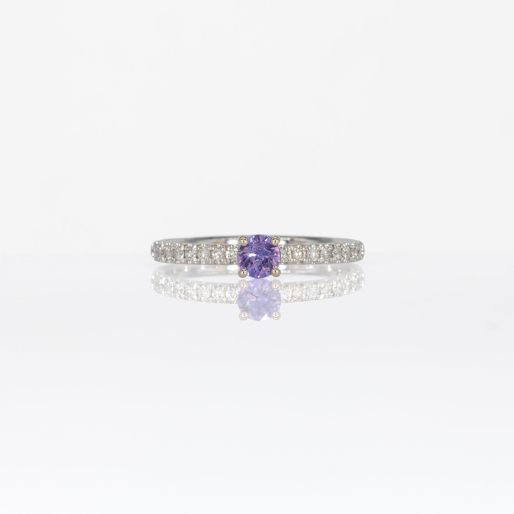 14K white gold purple sapphire round ring with diamond halo