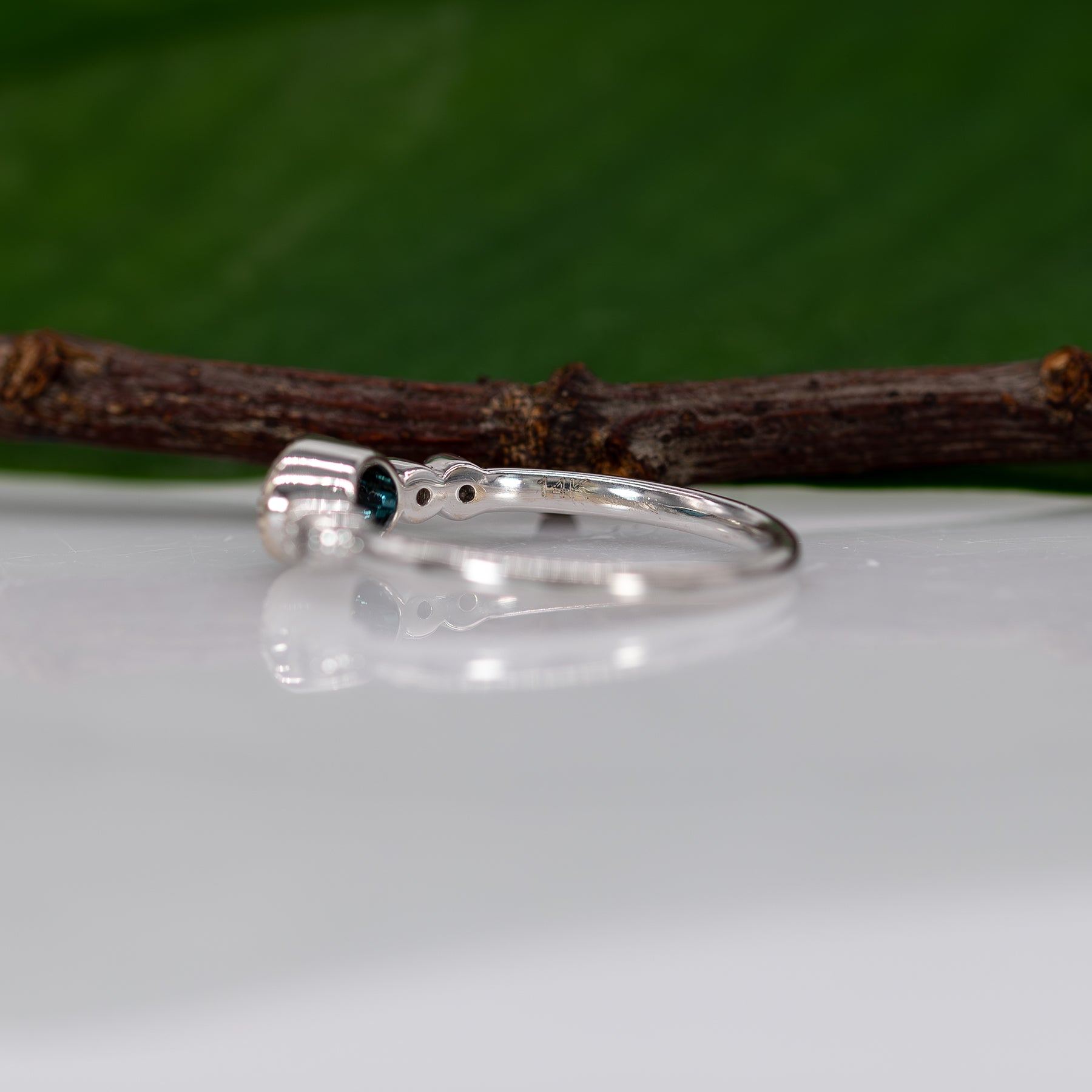 14K white gold indicolite tourmaline ring with diamond accents