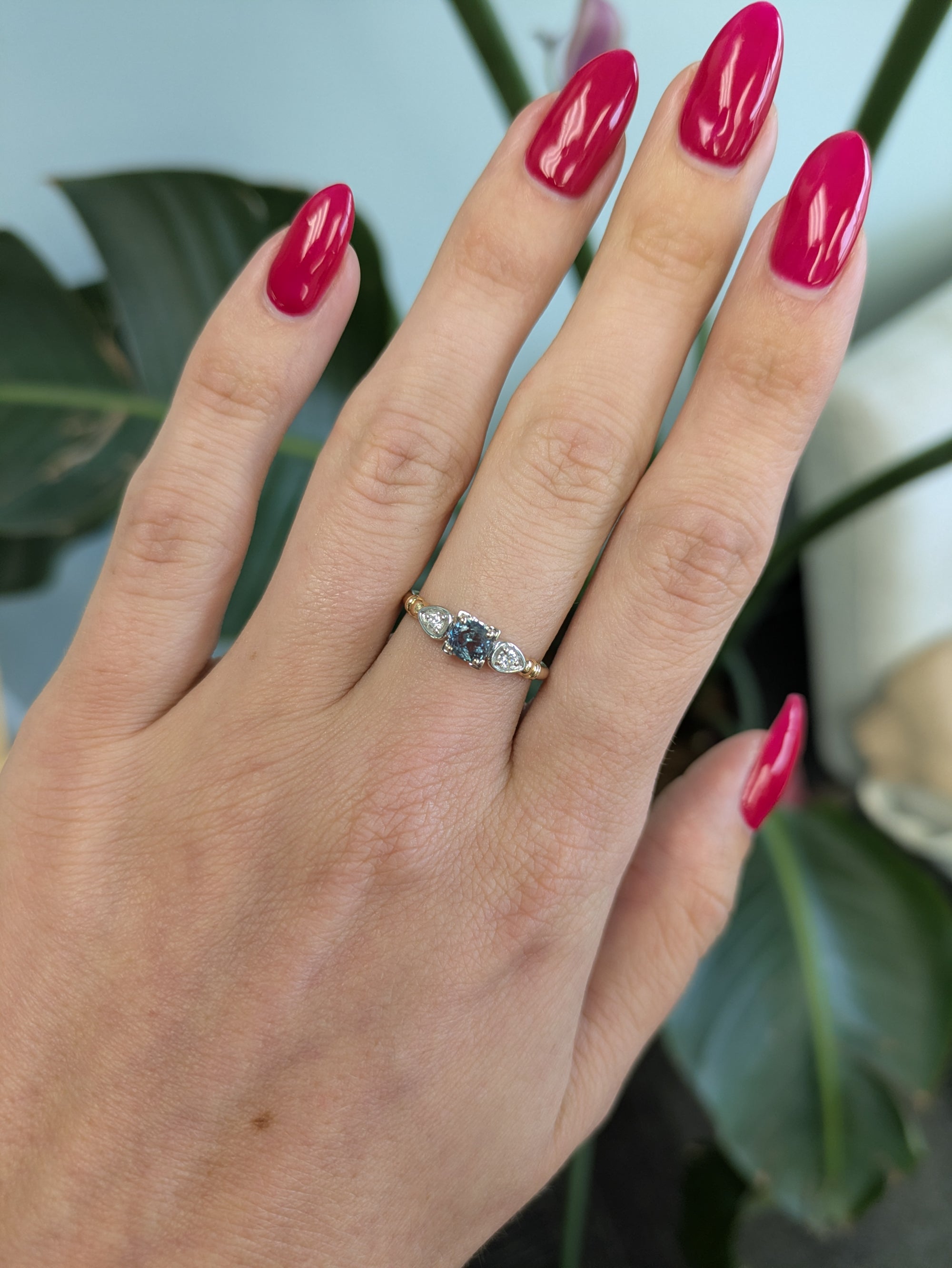 14K white & yellow gold alexandrite ring with diamond accents