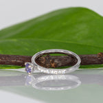 14K white gold purple sapphire round ring with diamond halo