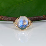14K yellow gold rainbow moonstone cabochon ring with diamonds