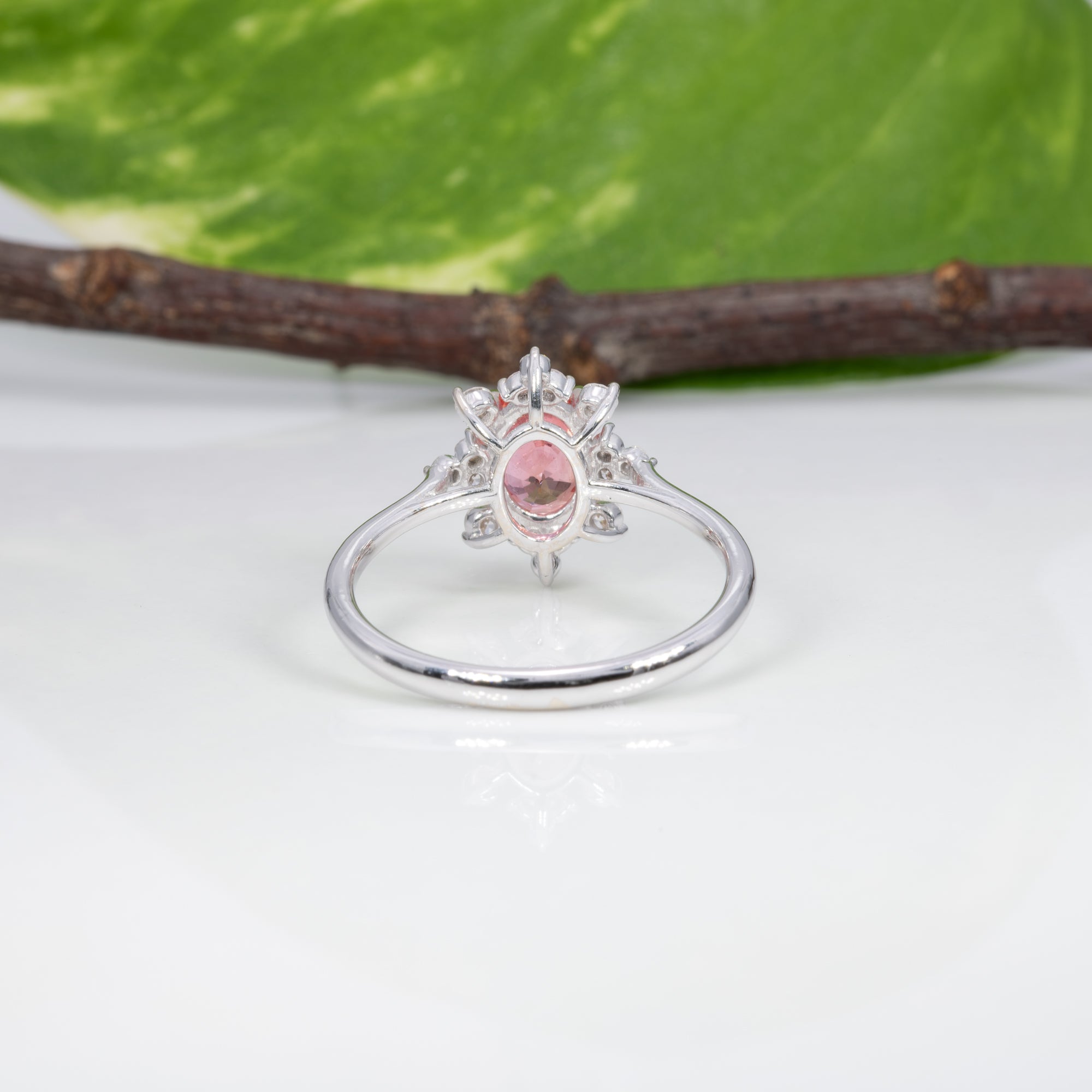 14K white gold padparadscha sapphire ring with diamond accents