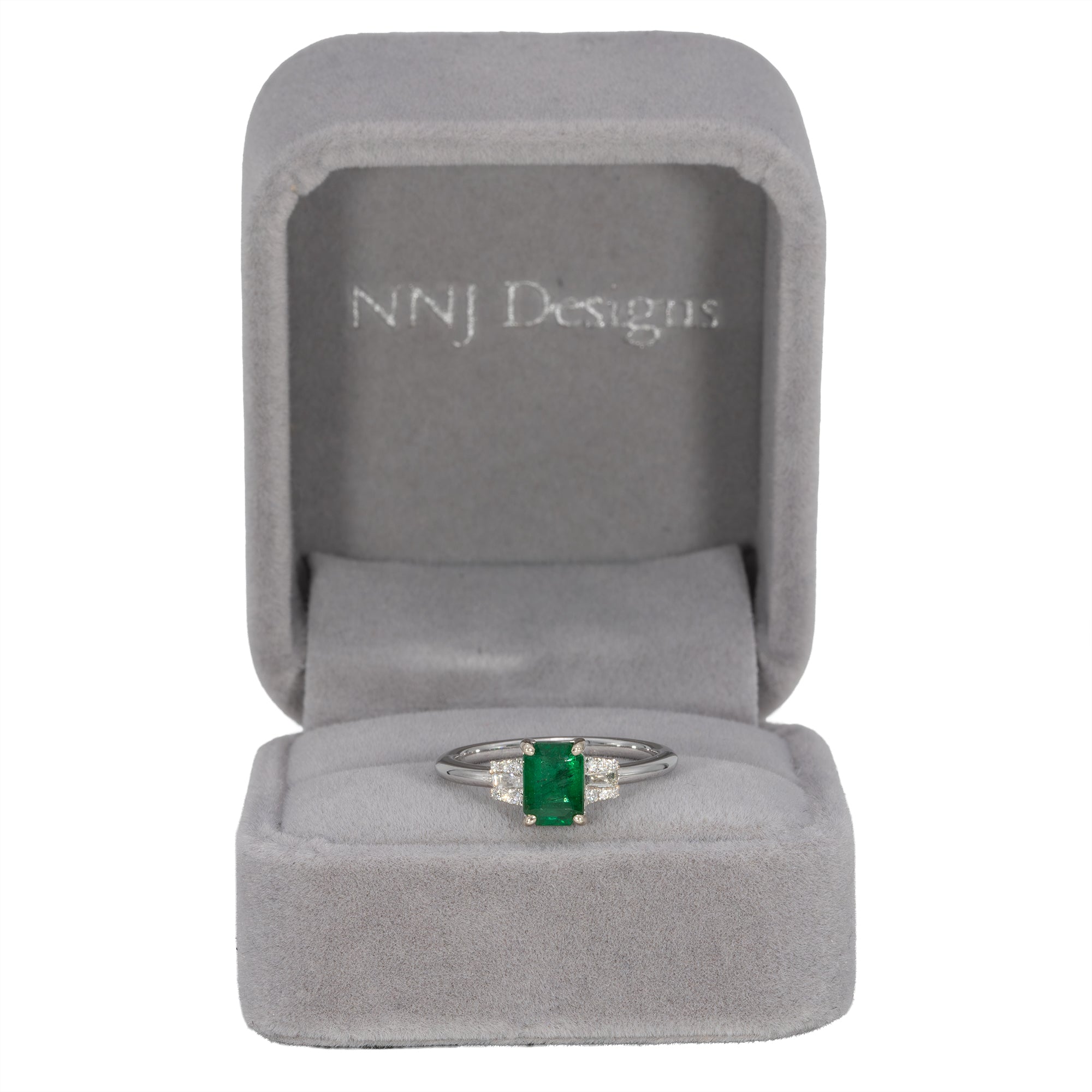 14K white gold Zambian emerald ring with diamond accents