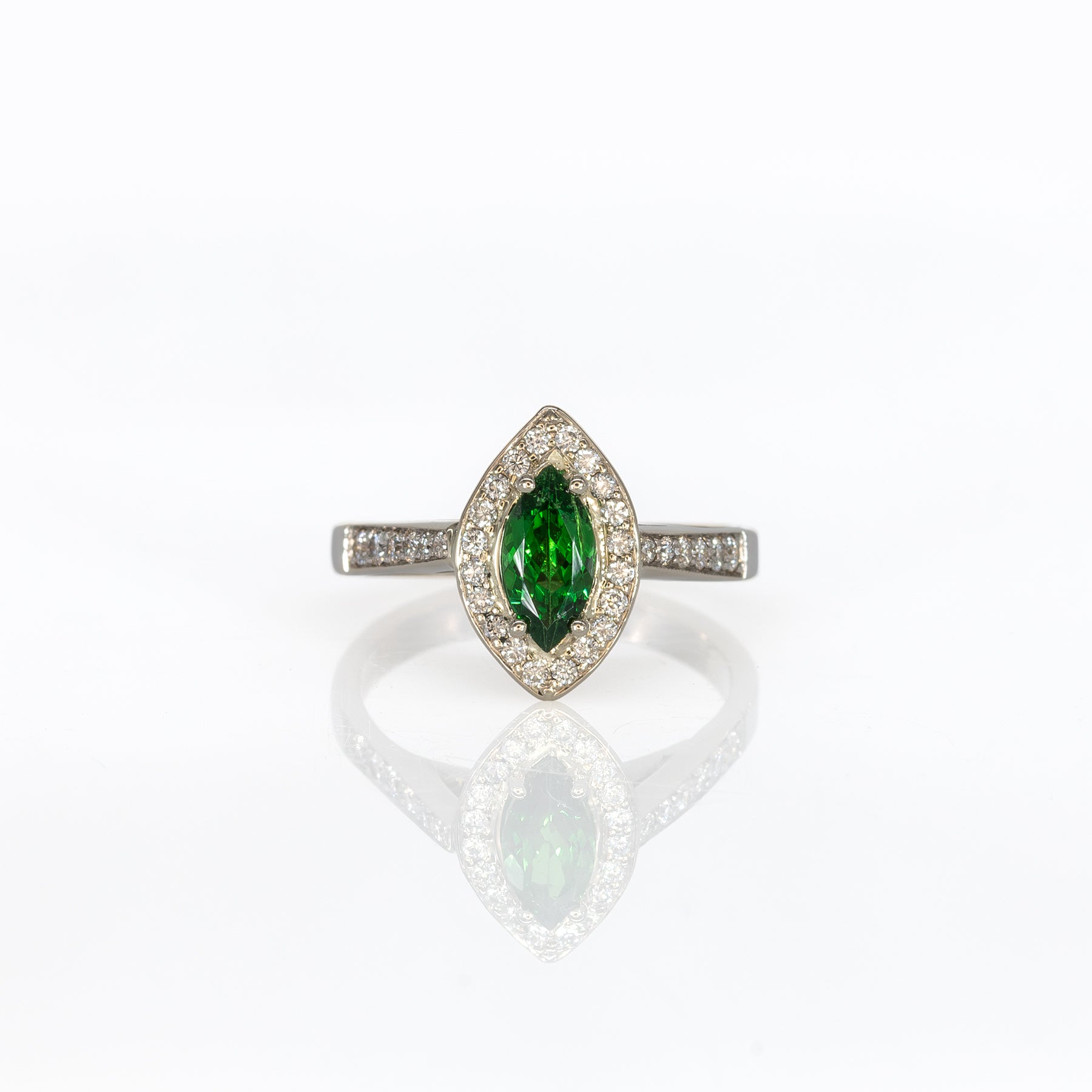 14K yellow gold marquise tsavorite garnet estate ring with diamond accents
