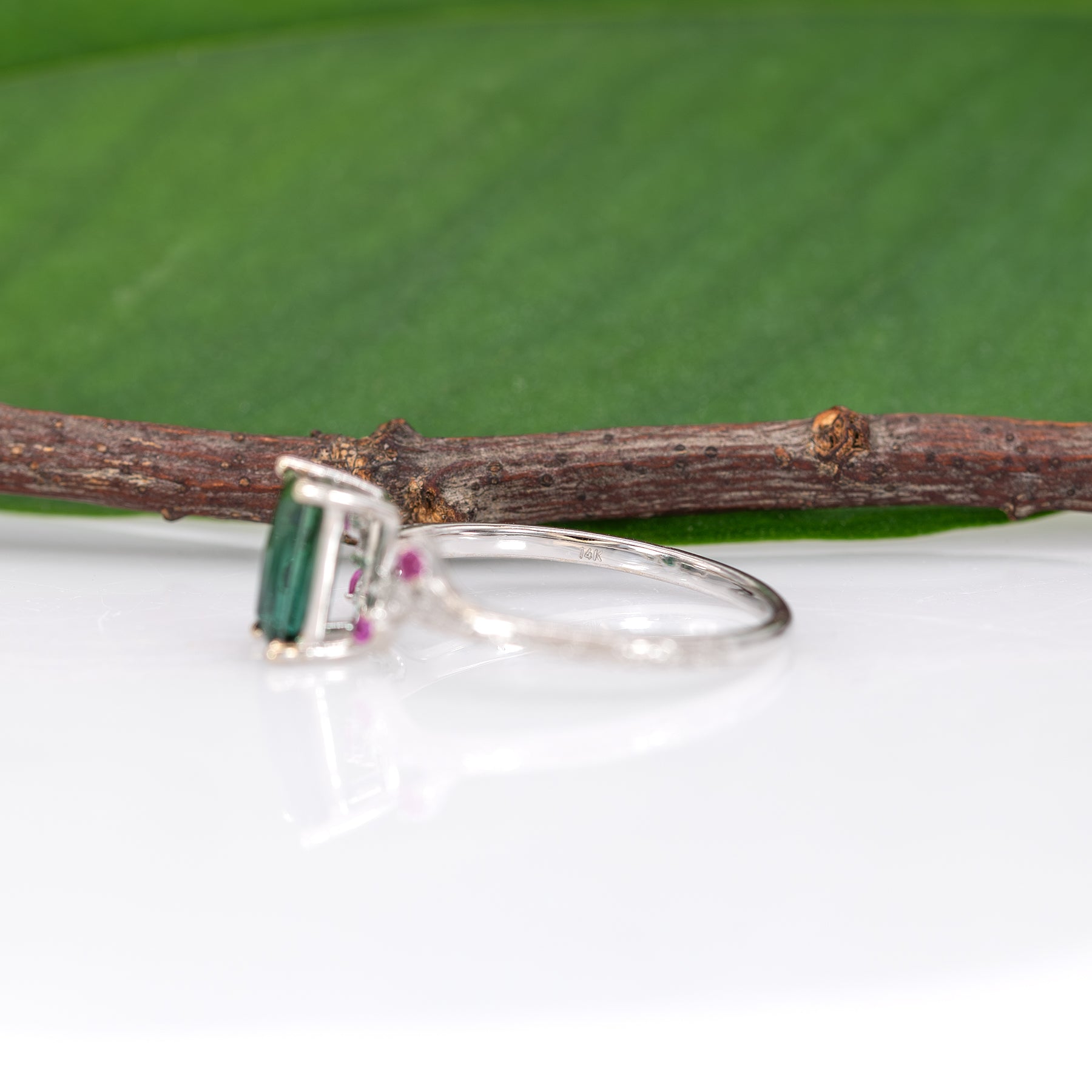 14K white gold indicolite tourmaline ring with pink sapphire accents