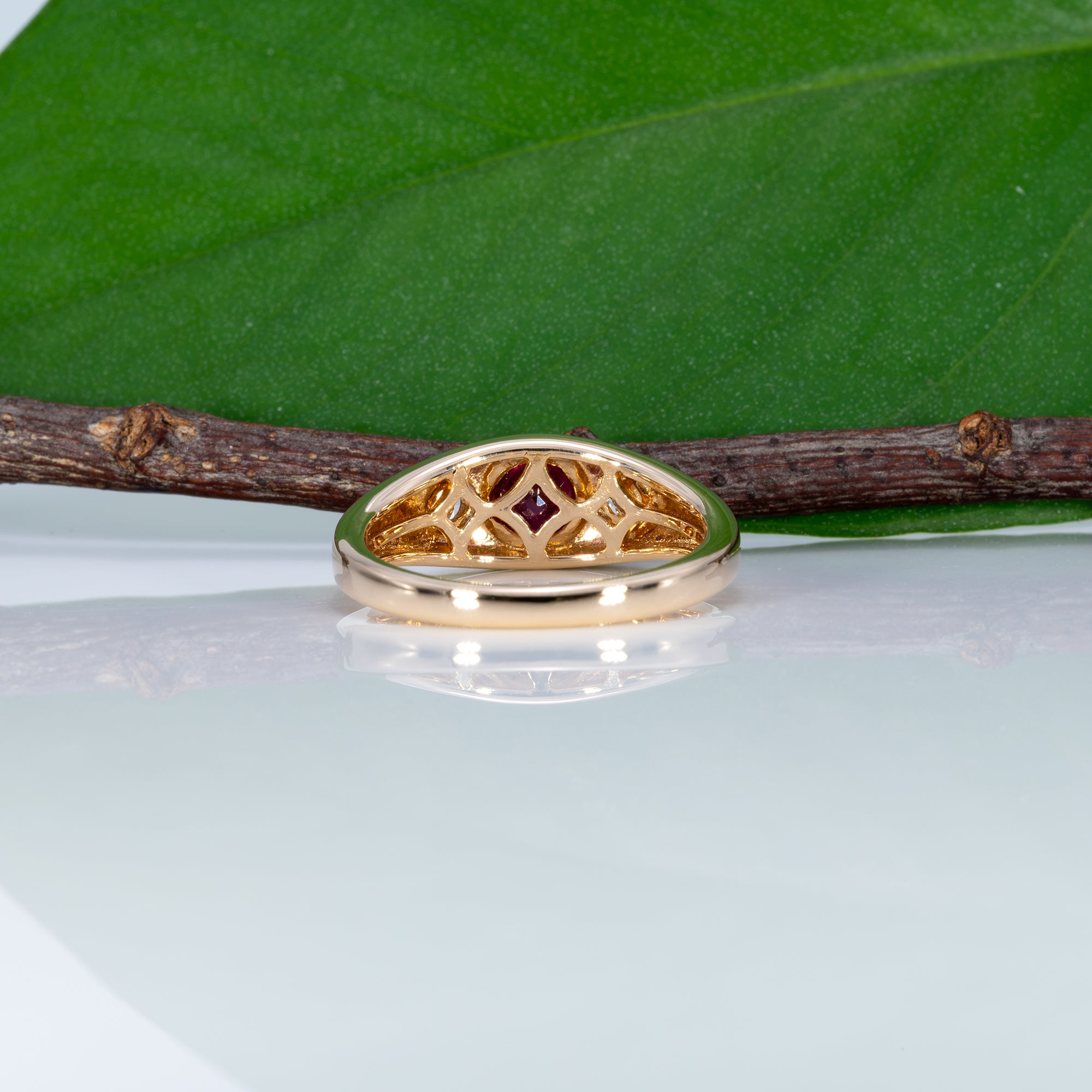 14K yellow gold Burma ruby ring with diamond accents