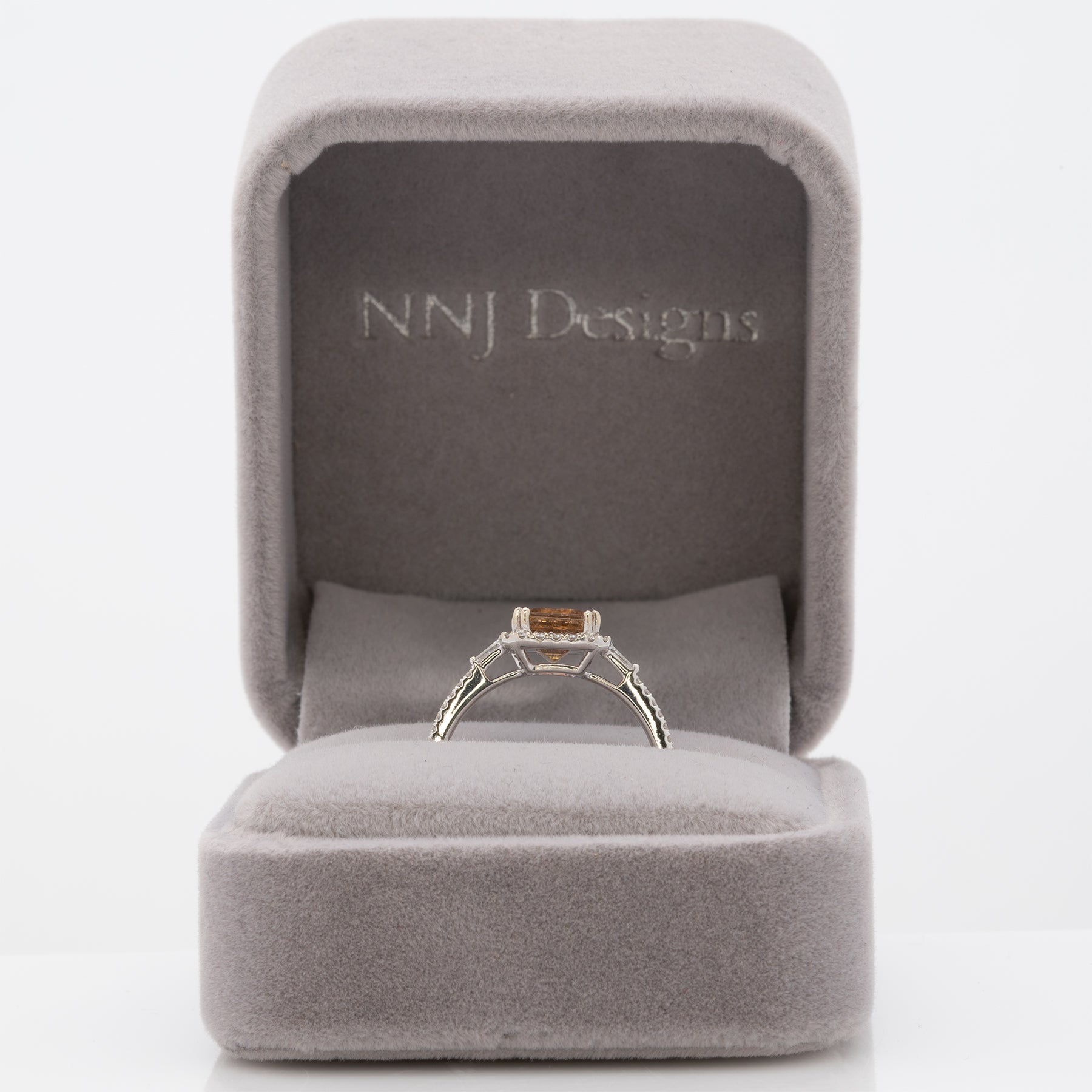 14K white gold bi-color tourmaline emerald-cut ring with diamond halo