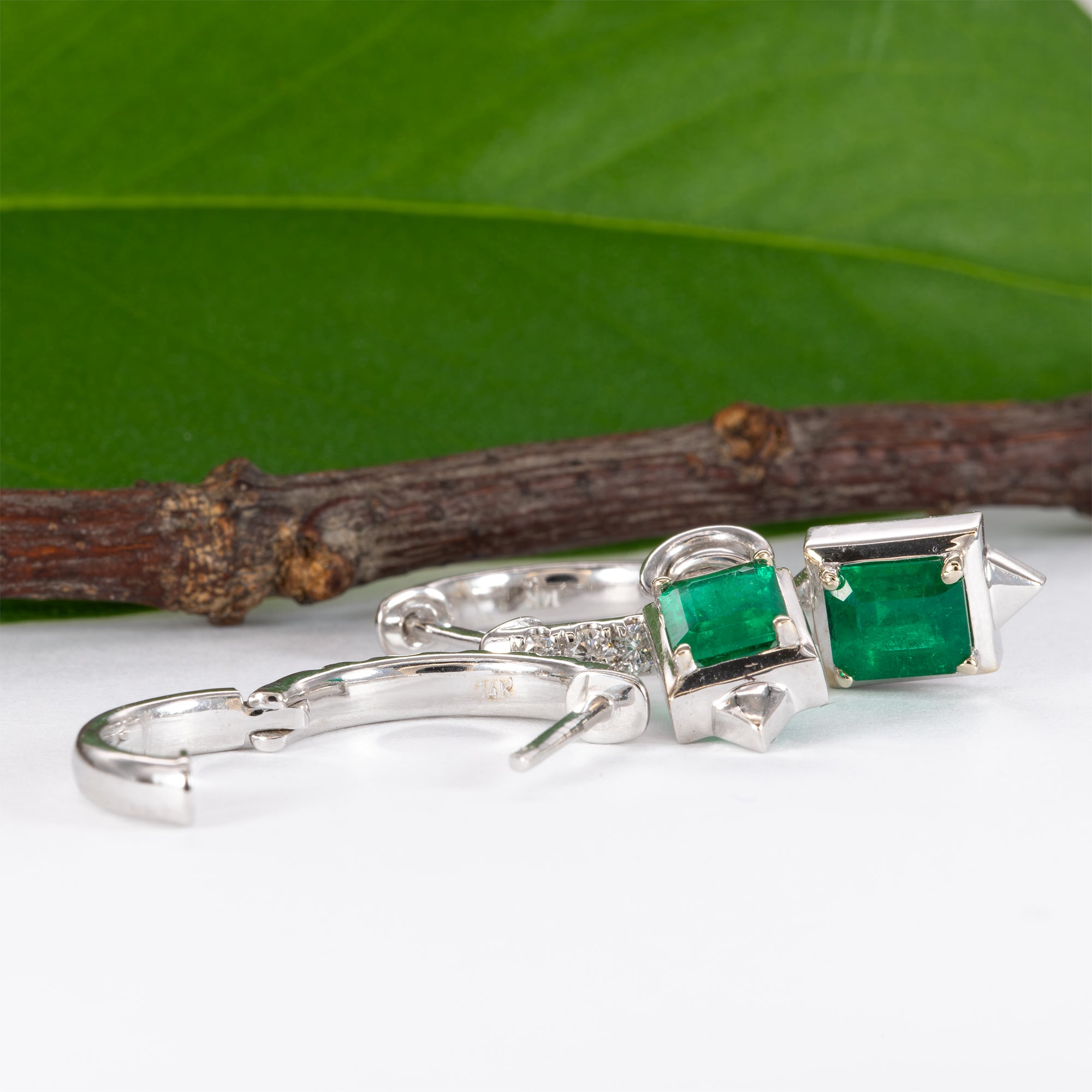 14K white gold convertible Colombian emerald hoop and drop earrings