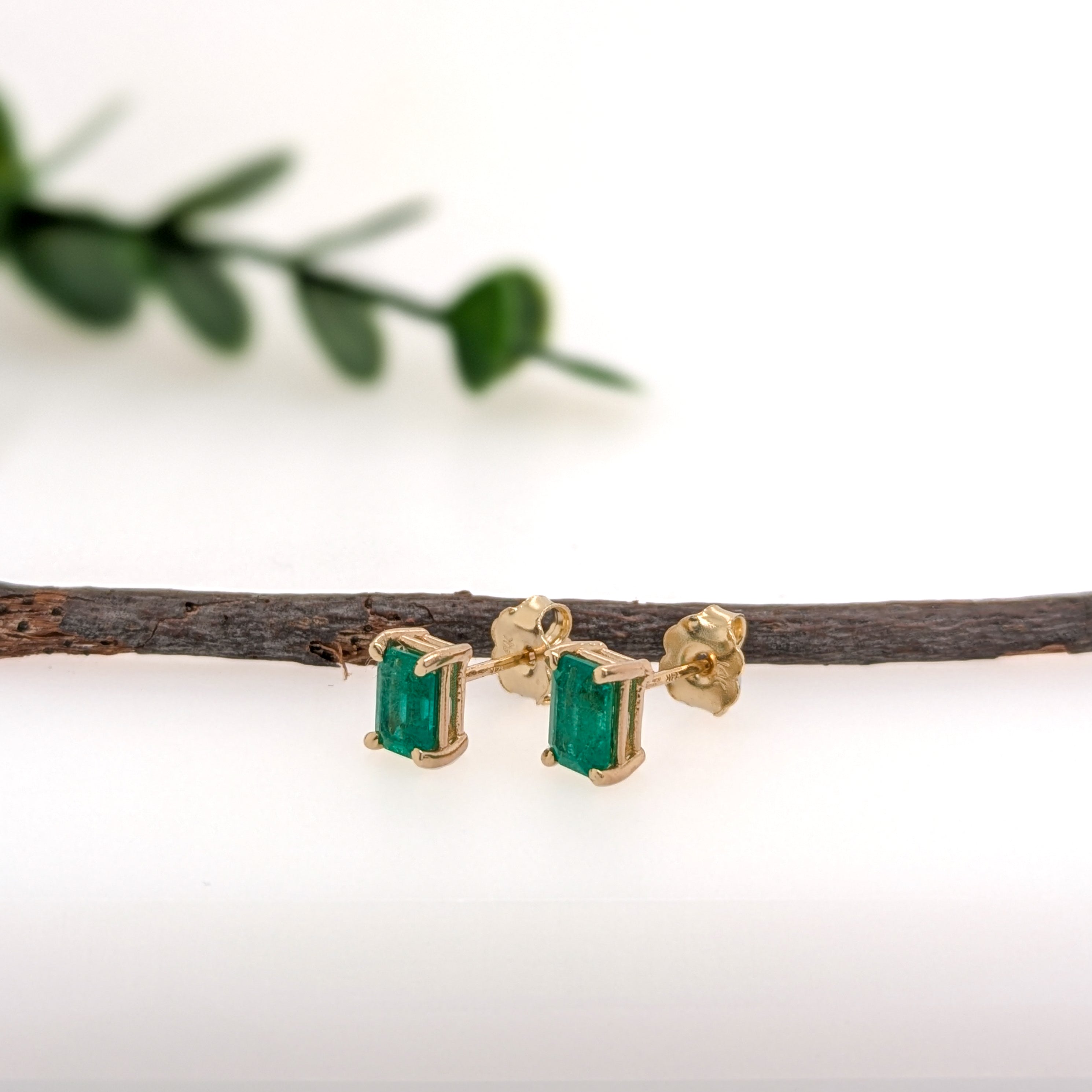 Anvita 14K Yellow Gold 1.02cts Zambian Emerald Solitaire Stud Earrings | Emerald Cut 6x4mm