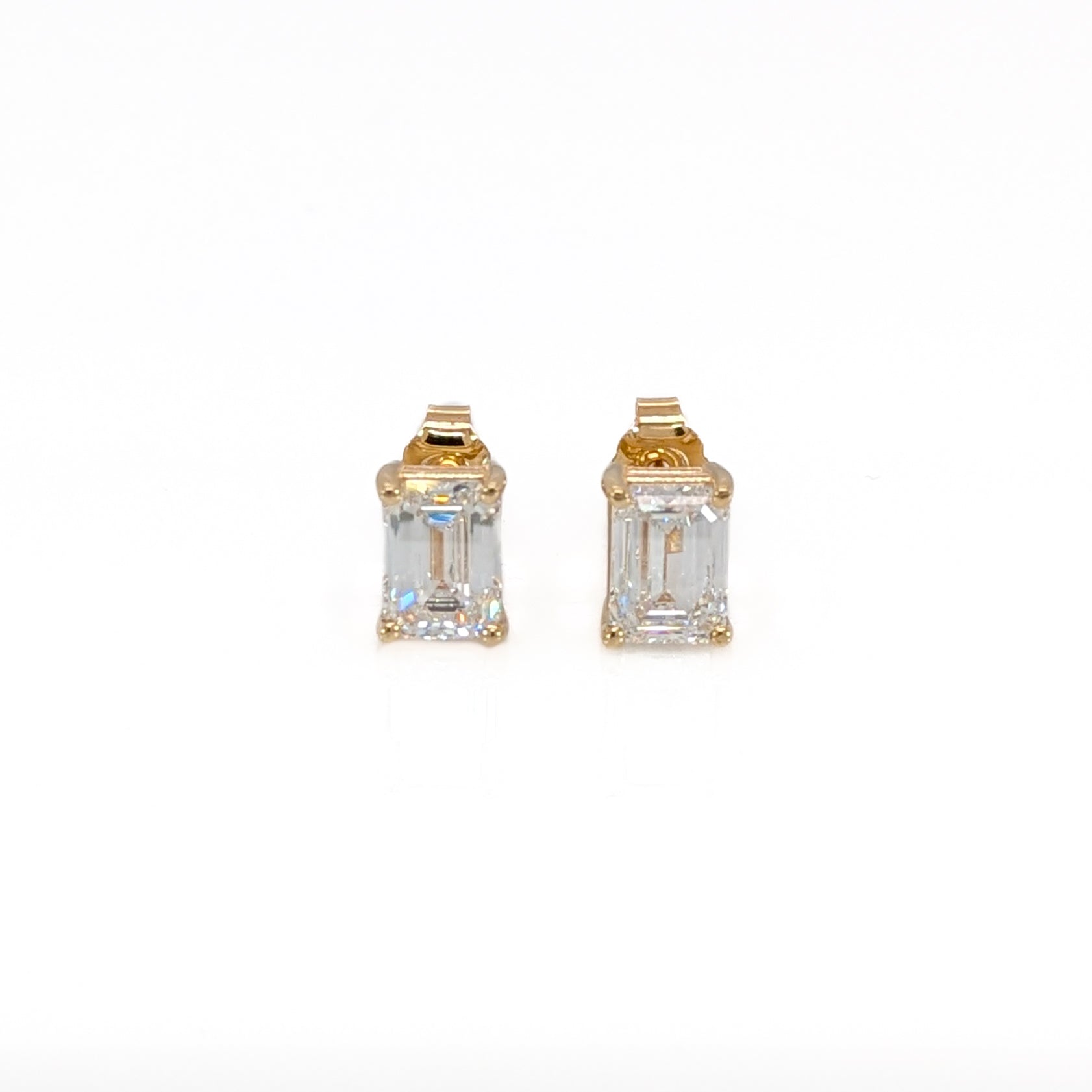 arya 14k yellow gold 2.38cts lab diamond solitaire stud earrings | emerald cut 7x5mm