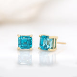 Erin 14K Solid Gold Cambodian Blue Zircon Solitaire Studs | Asscher Cut 6mm