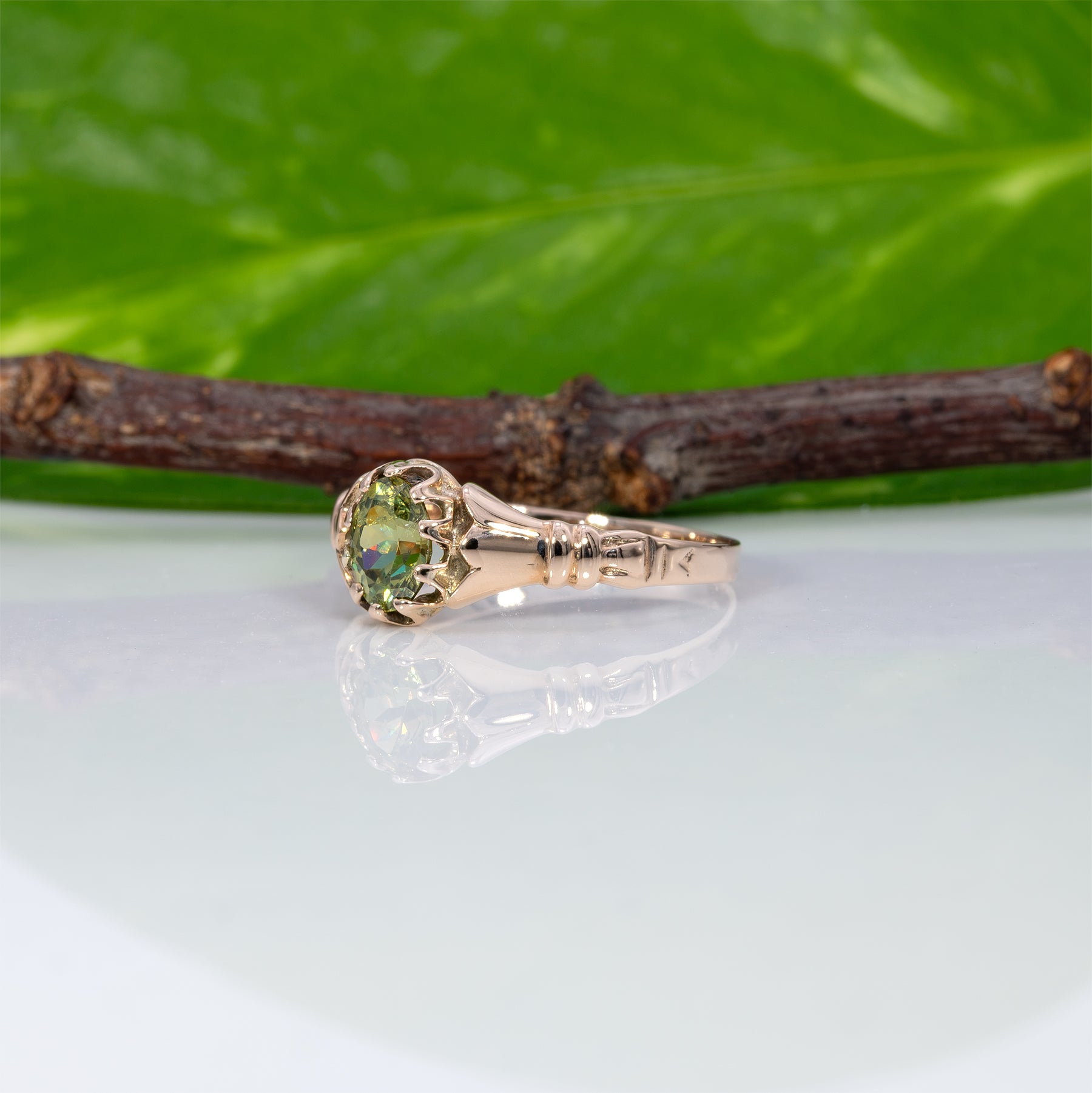 10K yellow gold demantoid garnet estate ring