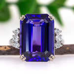 Yana 14K White Gold 11.96cts AAA Tanzanite Diamond Ring | Emerald Cut 16x12mm