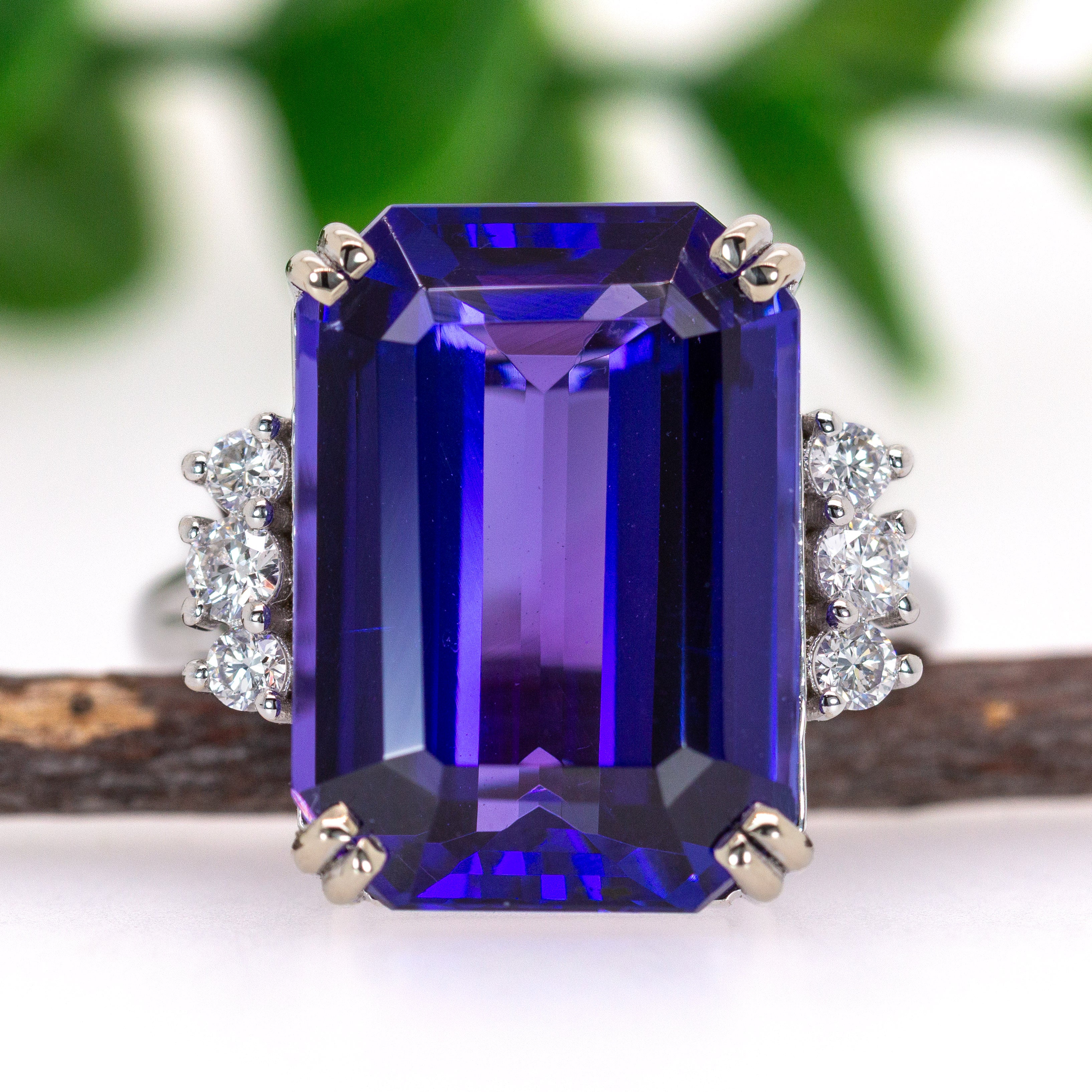 Yana 14K White Gold 11.96cts AAA Tanzanite Diamond Ring | Emerald Cut 16x12mm