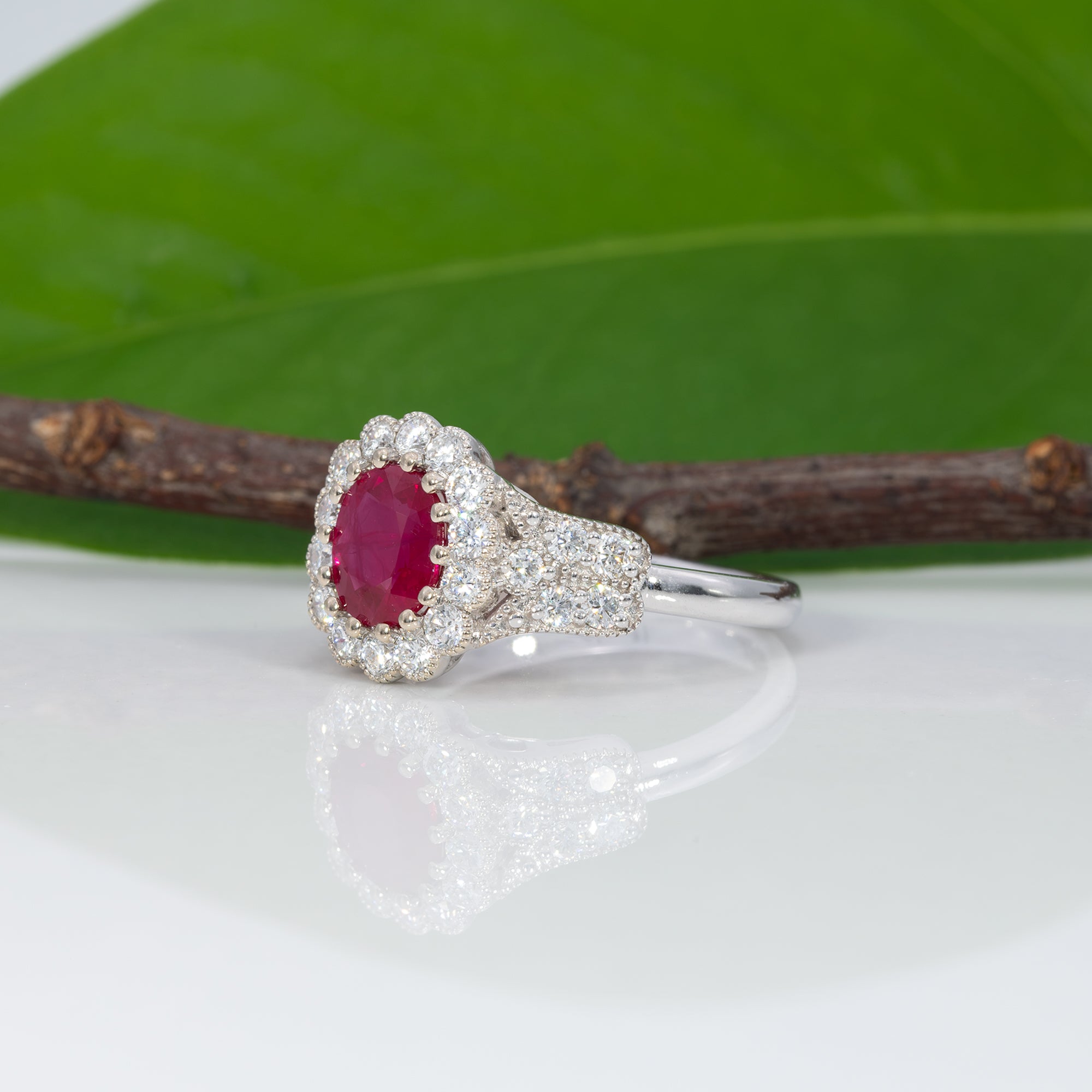 14K white gold Burma ruby ring with diamond accents